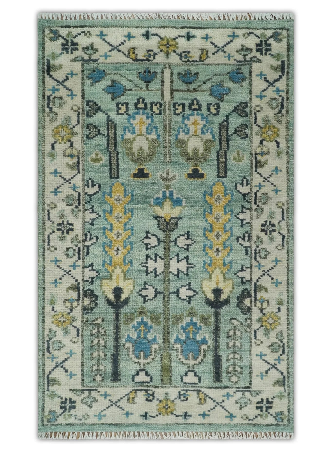 Hand Knotted Traditional Blue and Ivory Antique Oushak Custom Made Wool Area Rug