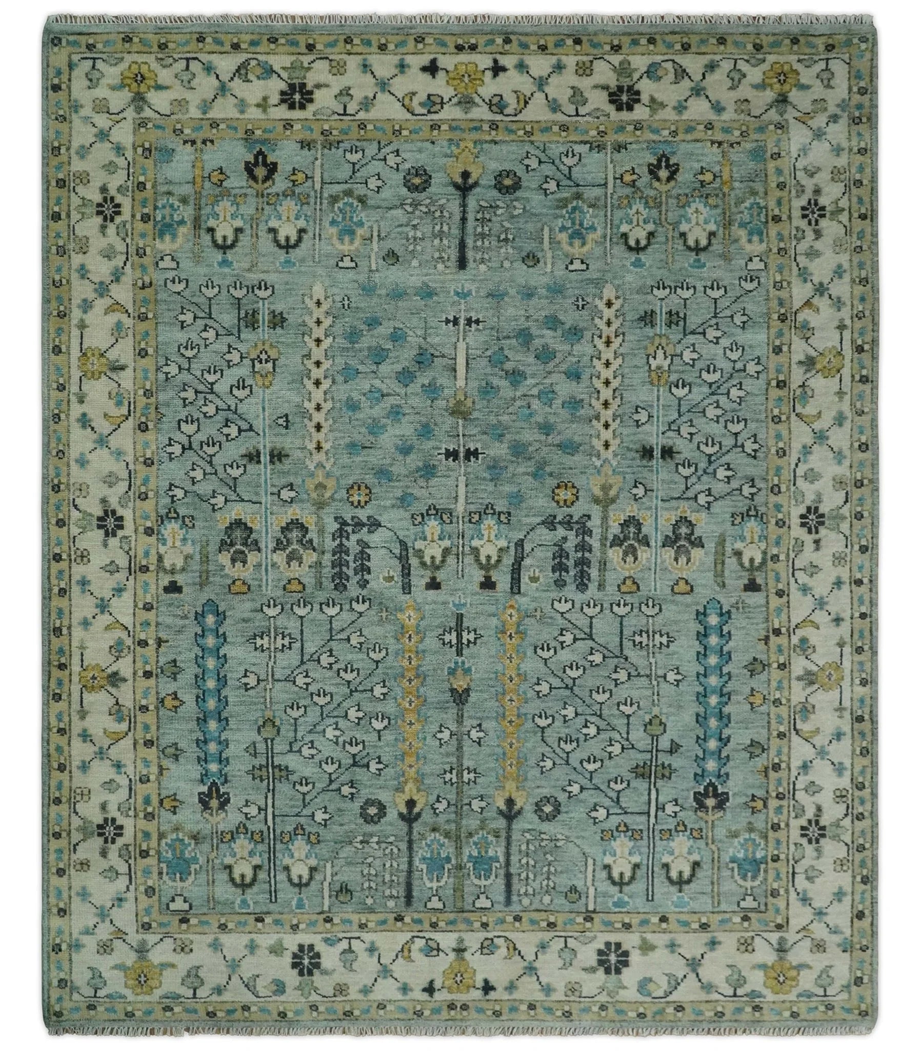 Hand Knotted Traditional Blue and Ivory Antique Oushak Custom Made Wool Area Rug