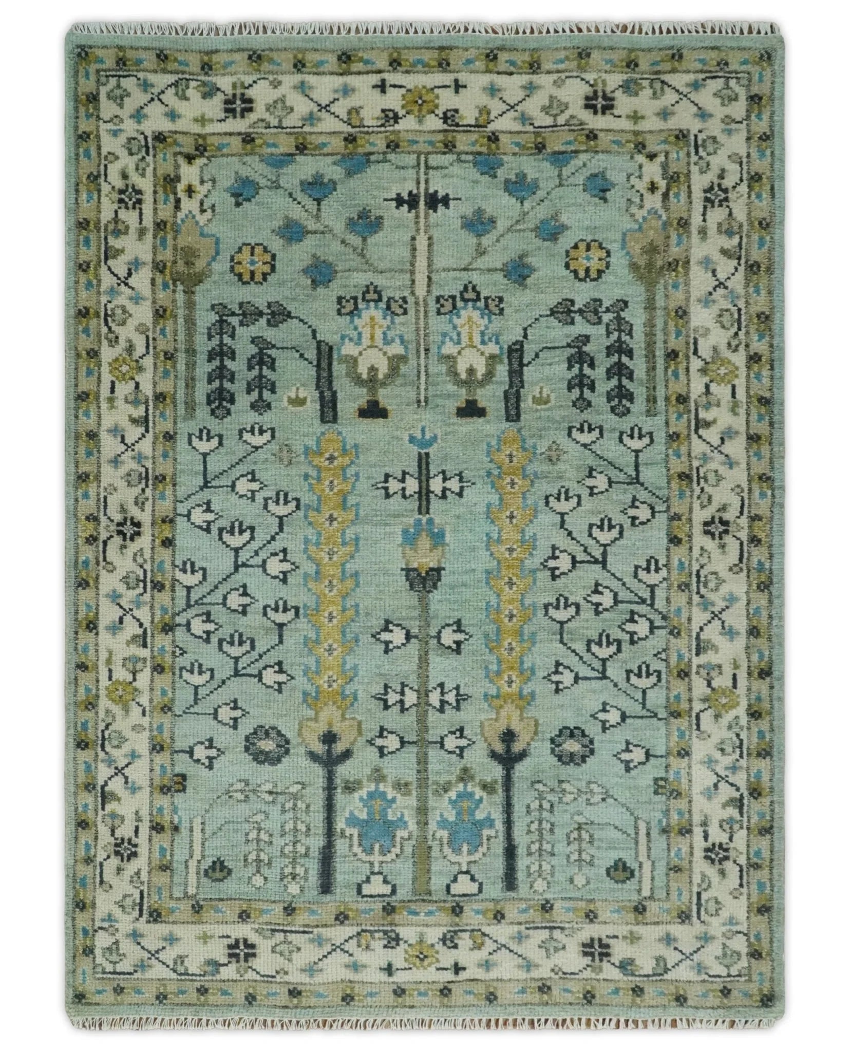 Hand Knotted Traditional Blue and Ivory Antique Oushak Custom Made Wool Area Rug