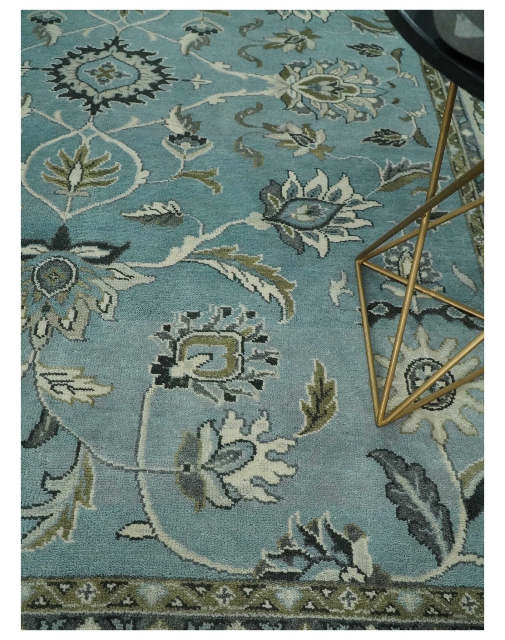 Hand Knotted 9x12 Blue and Ivory Traditional Persian Oushak Wool Rug | TRDCP908912