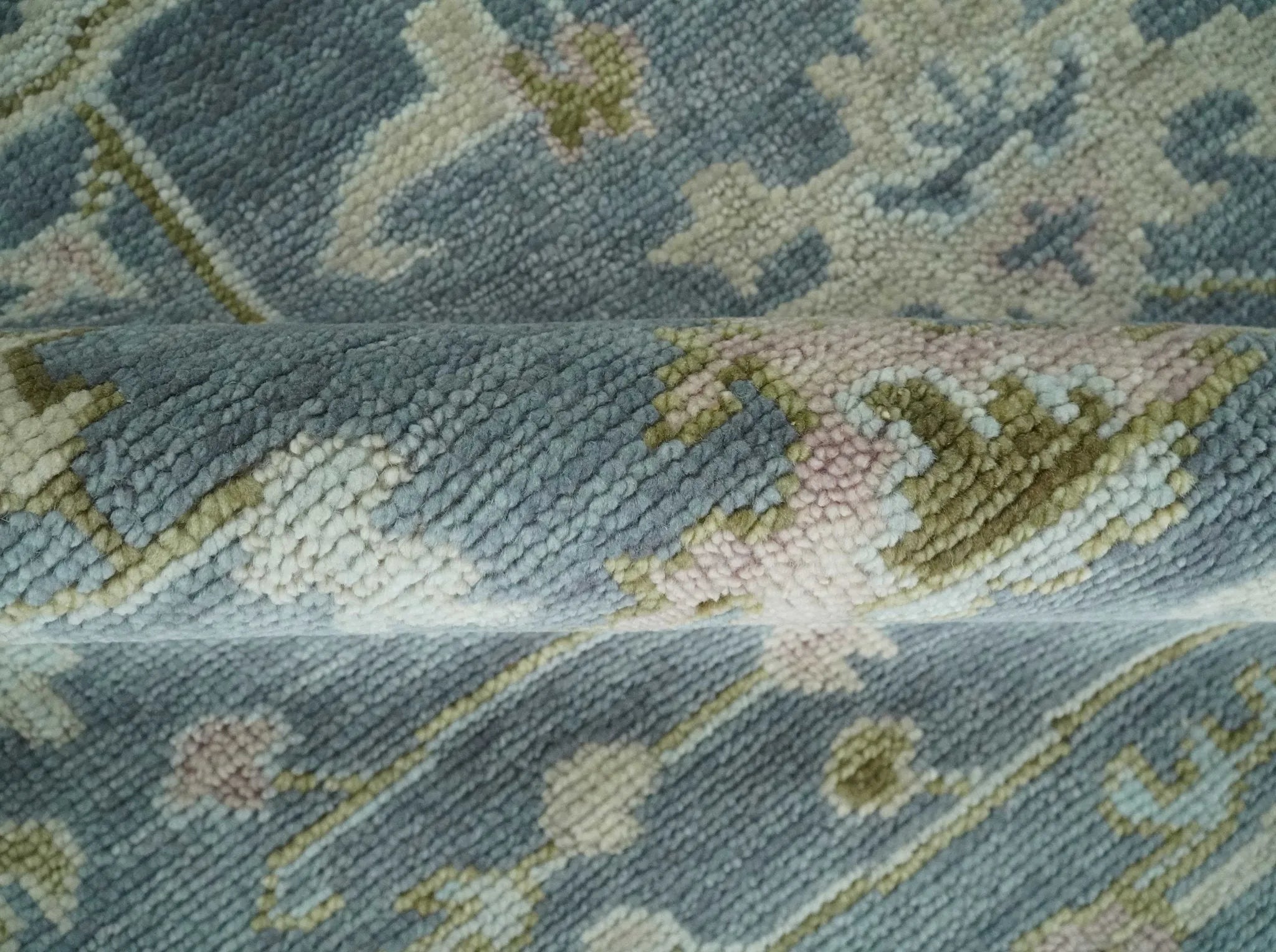 Custom Made Hand Knotted Gray, Blue and Beige Traditional Oushak Wool Area Rug