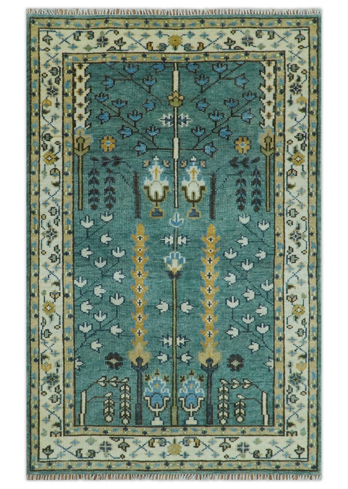 Hand Knotted Aqua Green and Ivory Traditional Turkish Vintage Style Multi Size Wool Area Rug - The Rug Decor
