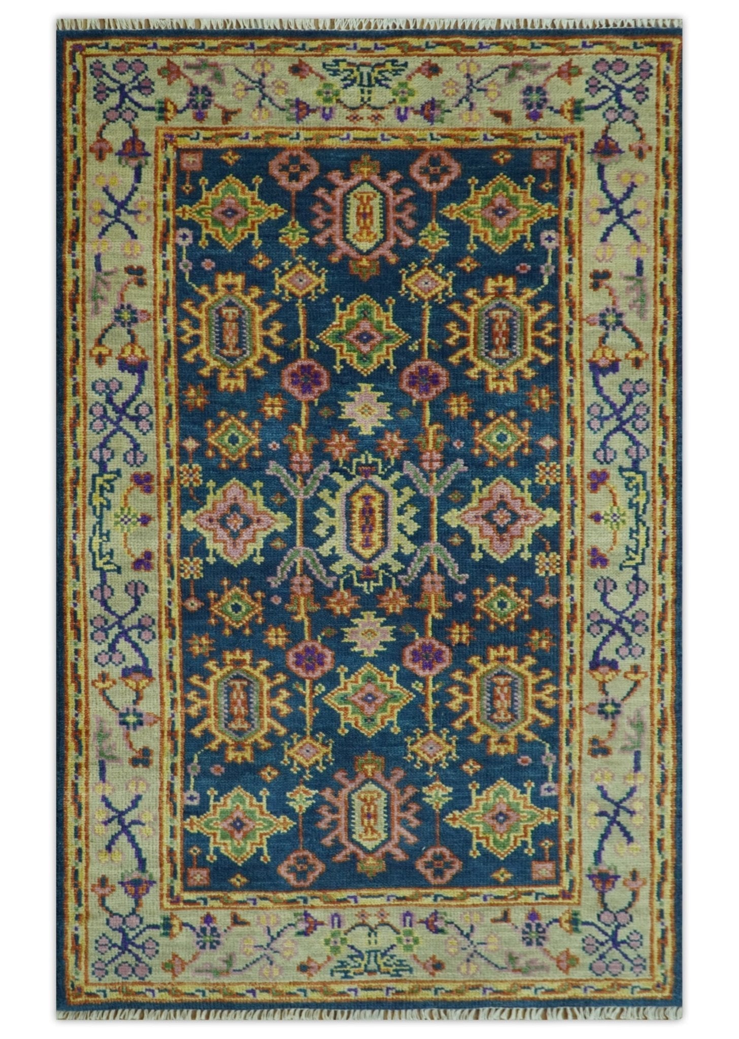 Hand Knotted Blue and Beige Persian Oushak Wool Rug - The Rug Decor
