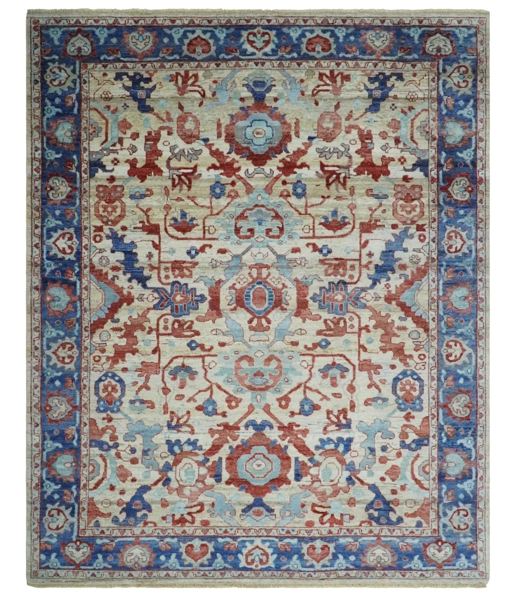 Hand Knotted Blue and Ivory Antique Vintage Style Custom Made Wool Rug, Living Room Rug