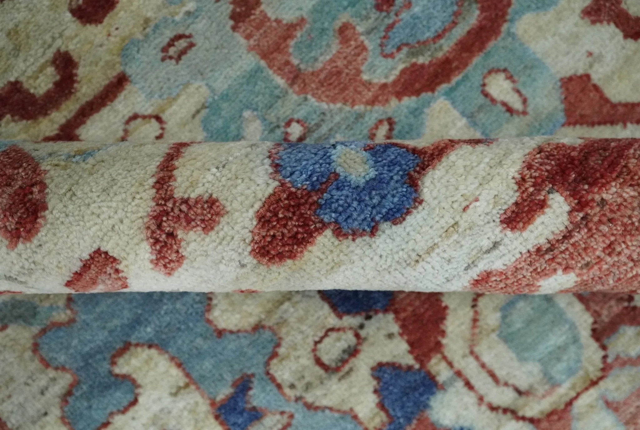 Hand Knotted Blue and Ivory Antique Vintage Style Custom Made Wool Rug, Living Room Rug