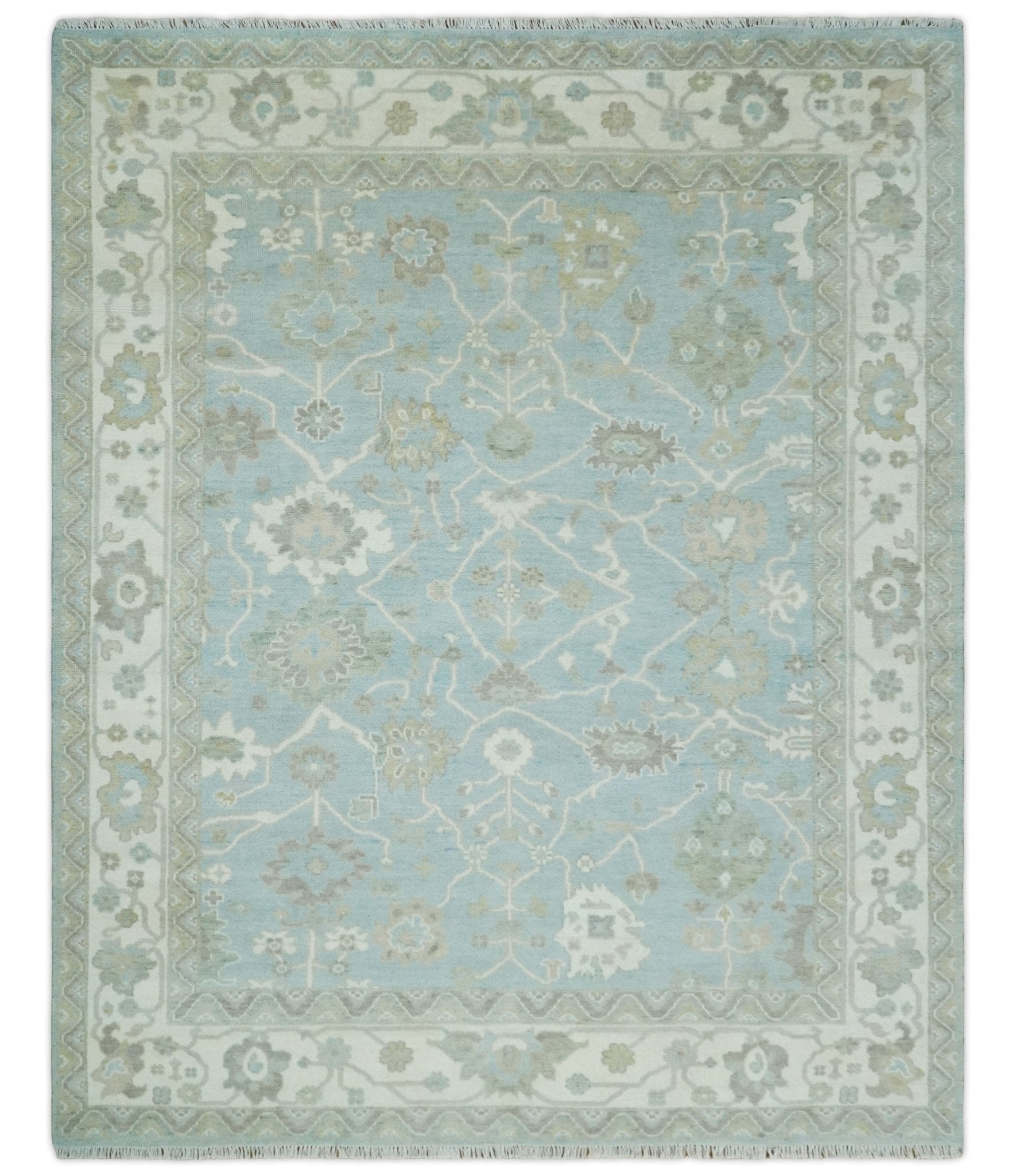 Hand Knotted Custom Made Oriental Oushak Aqua, Ivory and Beige Wool Area Rug
