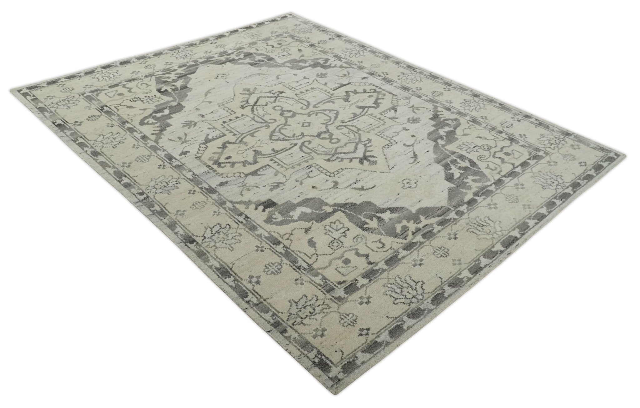 Hand Knotted Earthy Neutral Serapi Wool Rug, Charcoal, Beige and Ivory - The Rug Decor