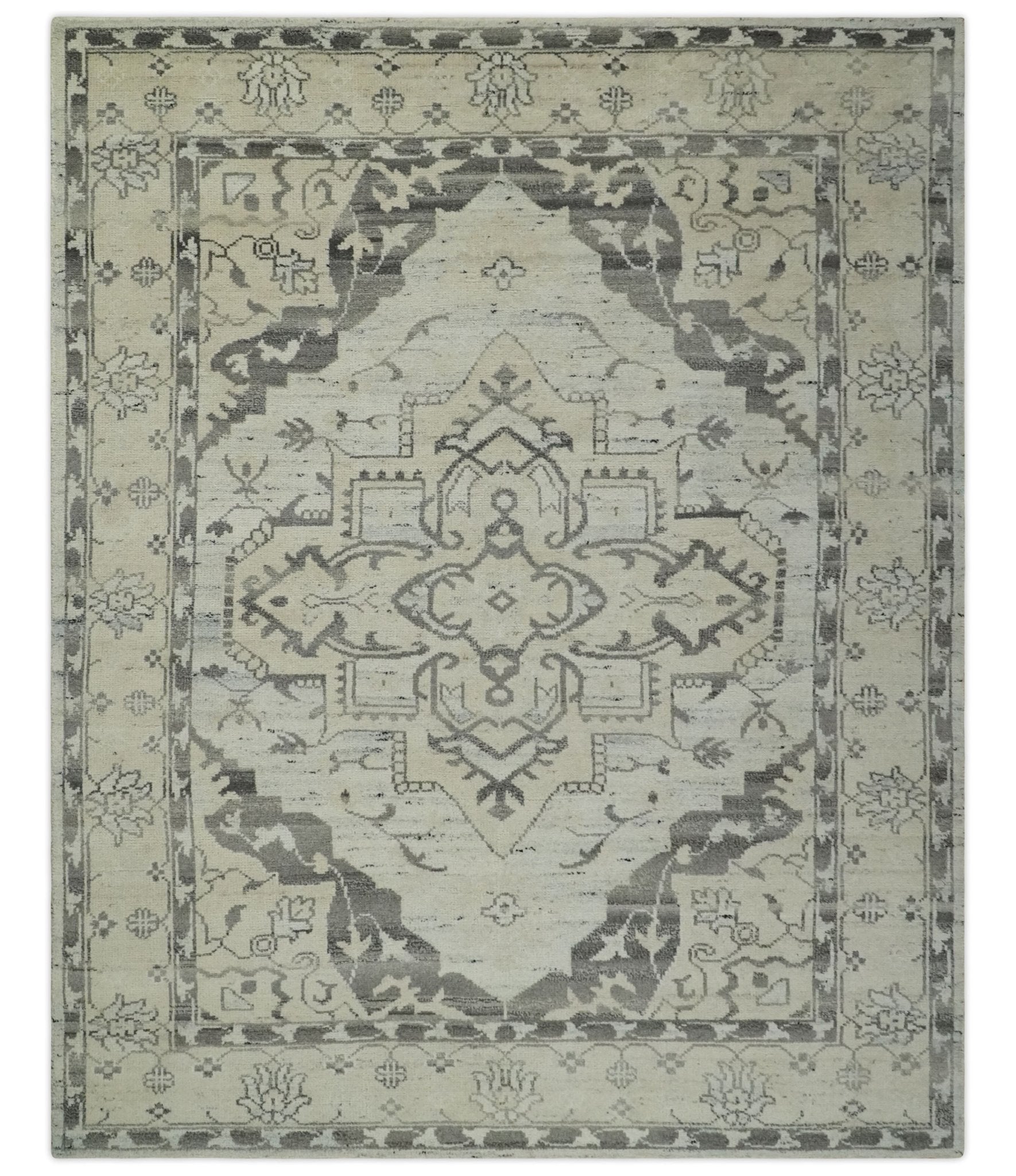 Hand Knotted Earthy Neutral Serapi Wool Rug, Charcoal, Beige and Ivory - The Rug Decor