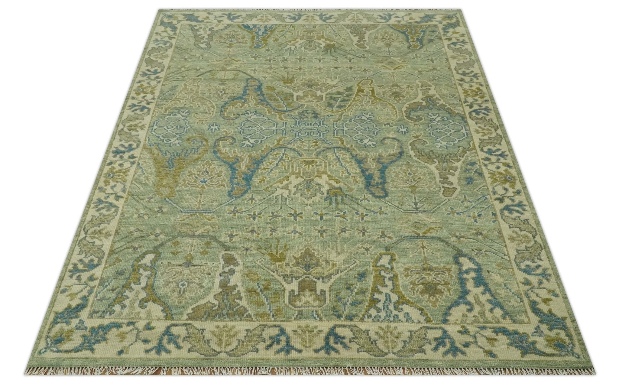 Hand Knotted Green, Olive and Teal Traditional Dragon Oushak Design 3x5 wool rug