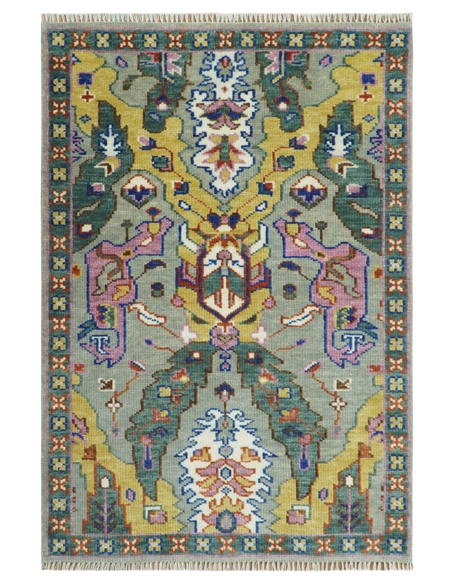 Hand knotted Green, Pink and Gold Traditional large design Antique Oushak Custom Made wool Area Rug - The Rug Decor