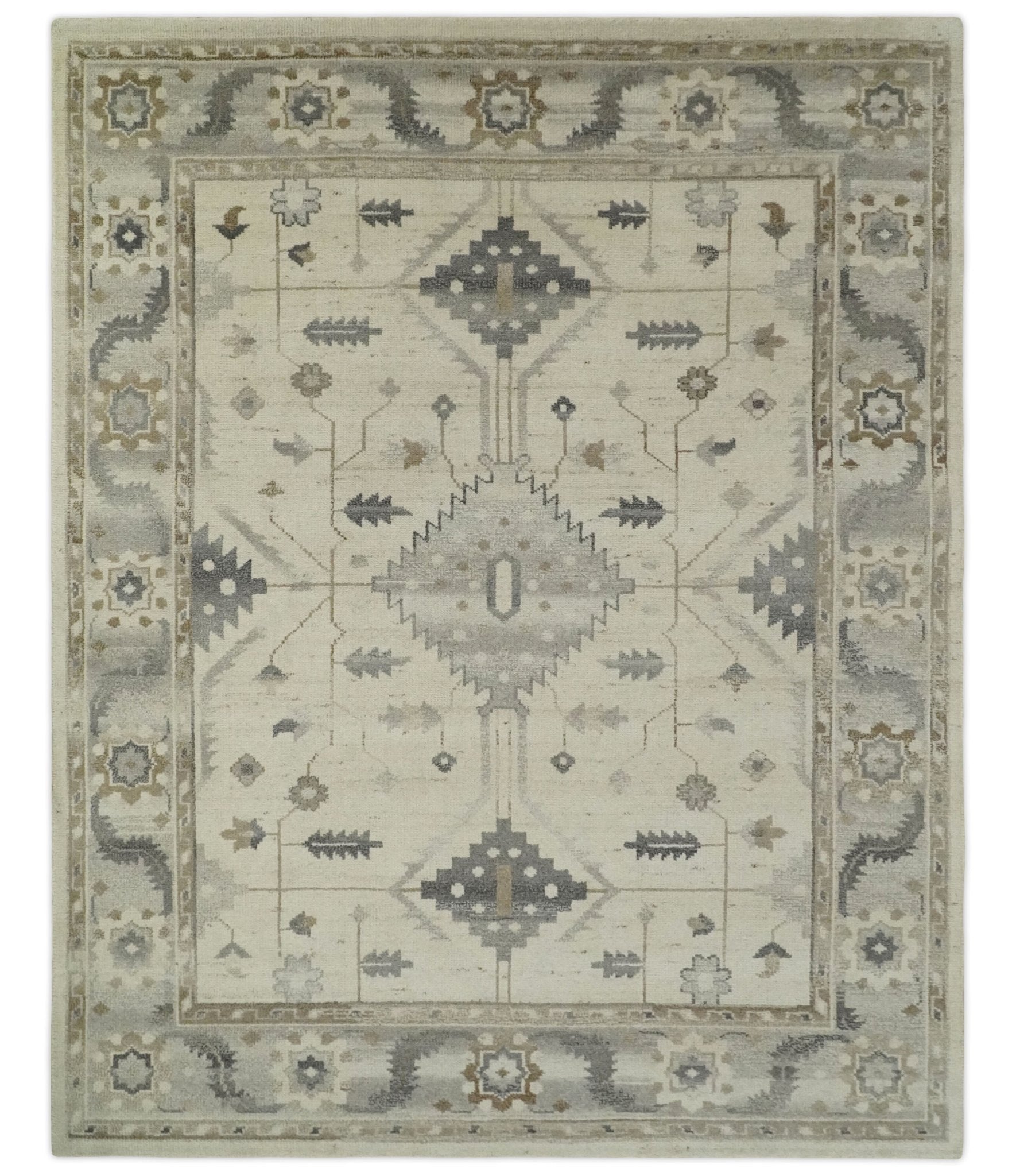 Custom Made Hand Knotted Ivory and Charcoal Traditional Tribal Natural Wool Area Rug, Kids, Living Room and Bedroom Rug