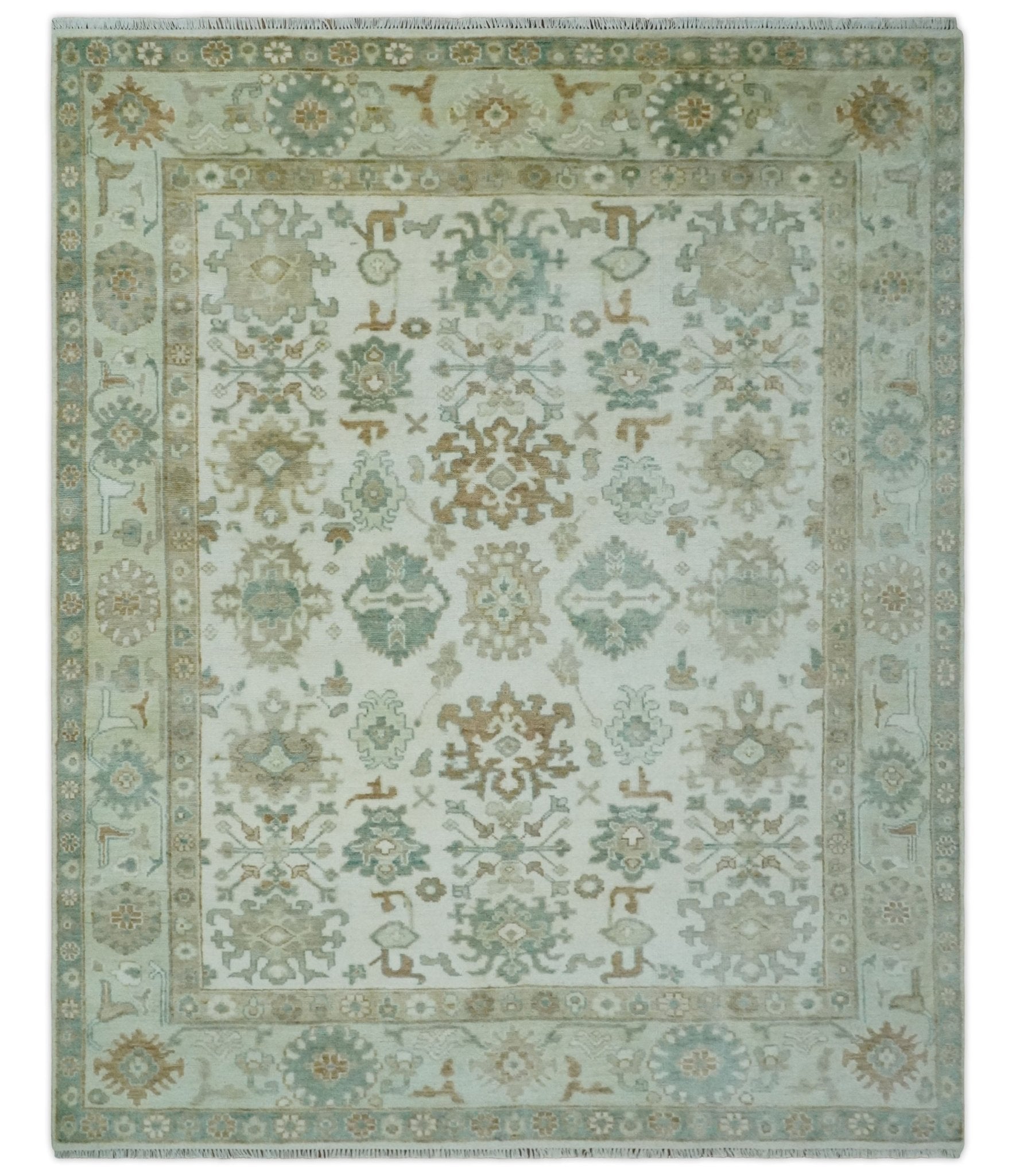 Hand Knotted Ivory and Silver 8x10 Traditional Oushak Wool Area Rug