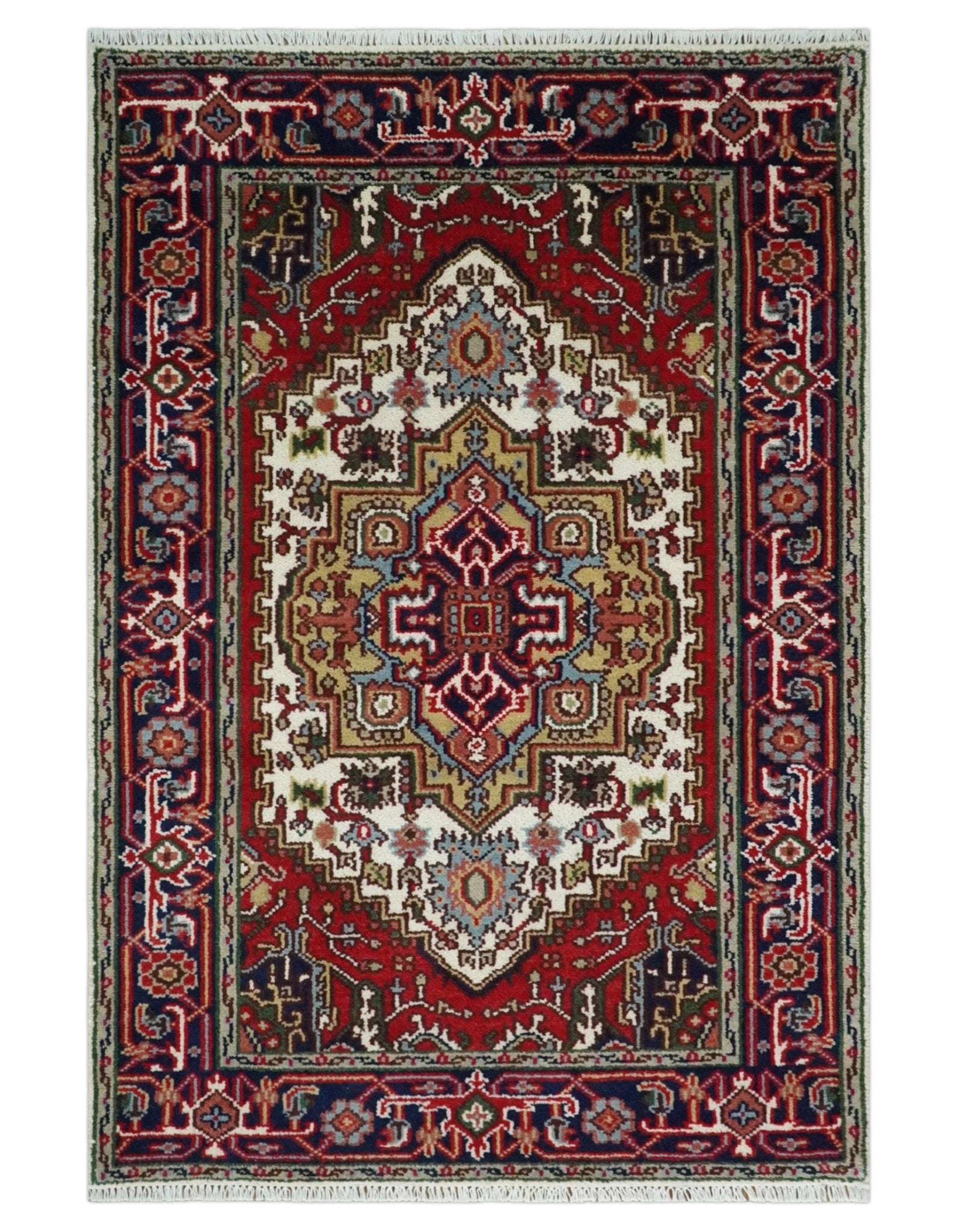 Hand Knotted Ivory, Brown and Blue Traditional Antique Style Wool Area Rug - The Rug Decor
