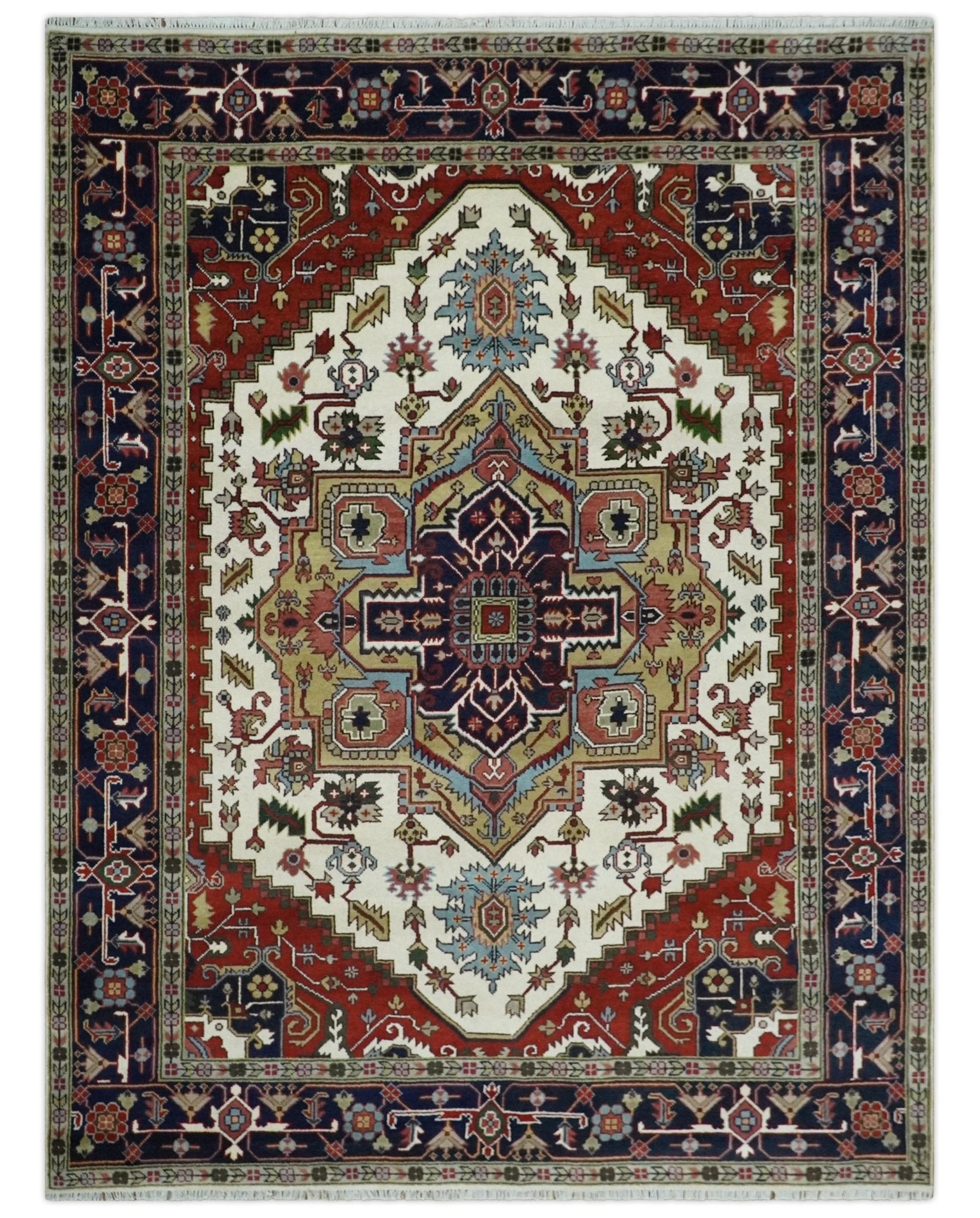 Hand Knotted Ivory, Brown and Blue Traditional Antique Style Wool Area Rug - The Rug Decor