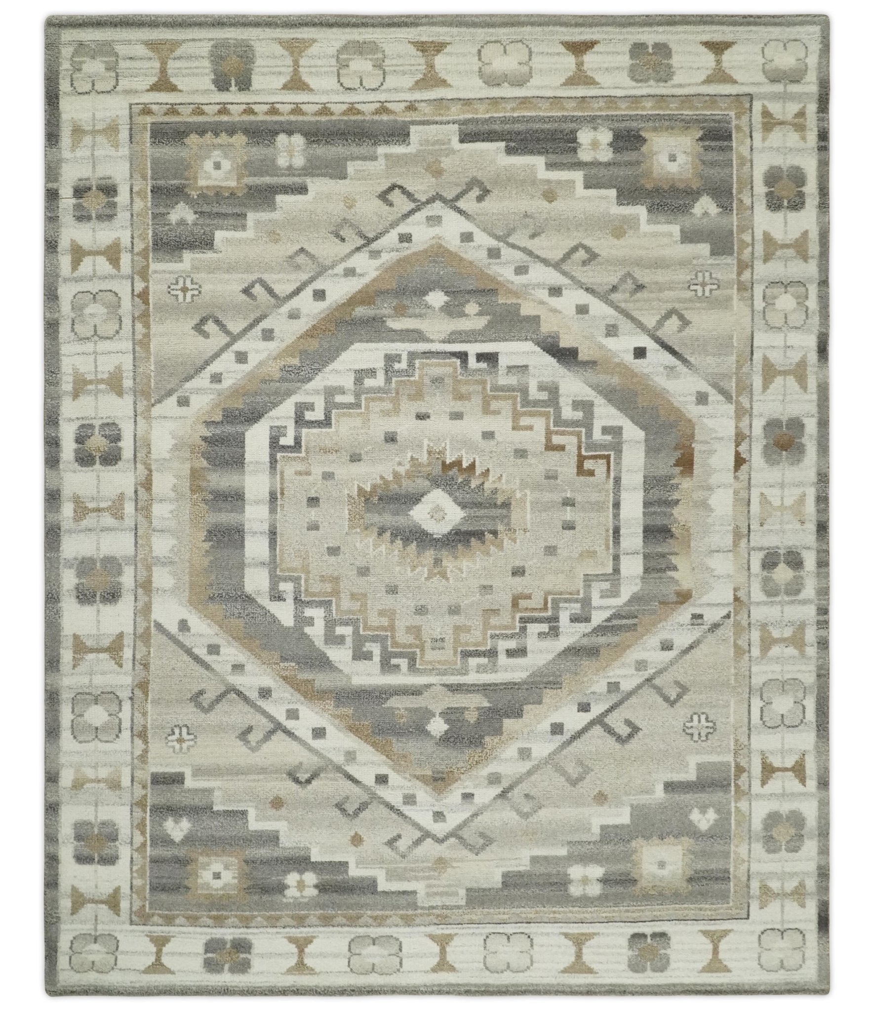 Hand Knotted Ivory, Charcoal and Beige Traditional Medallion Natural Wool Area Rug, Kids, Living Room and Bedroom Rug | MEHK11 - The Rug Decor