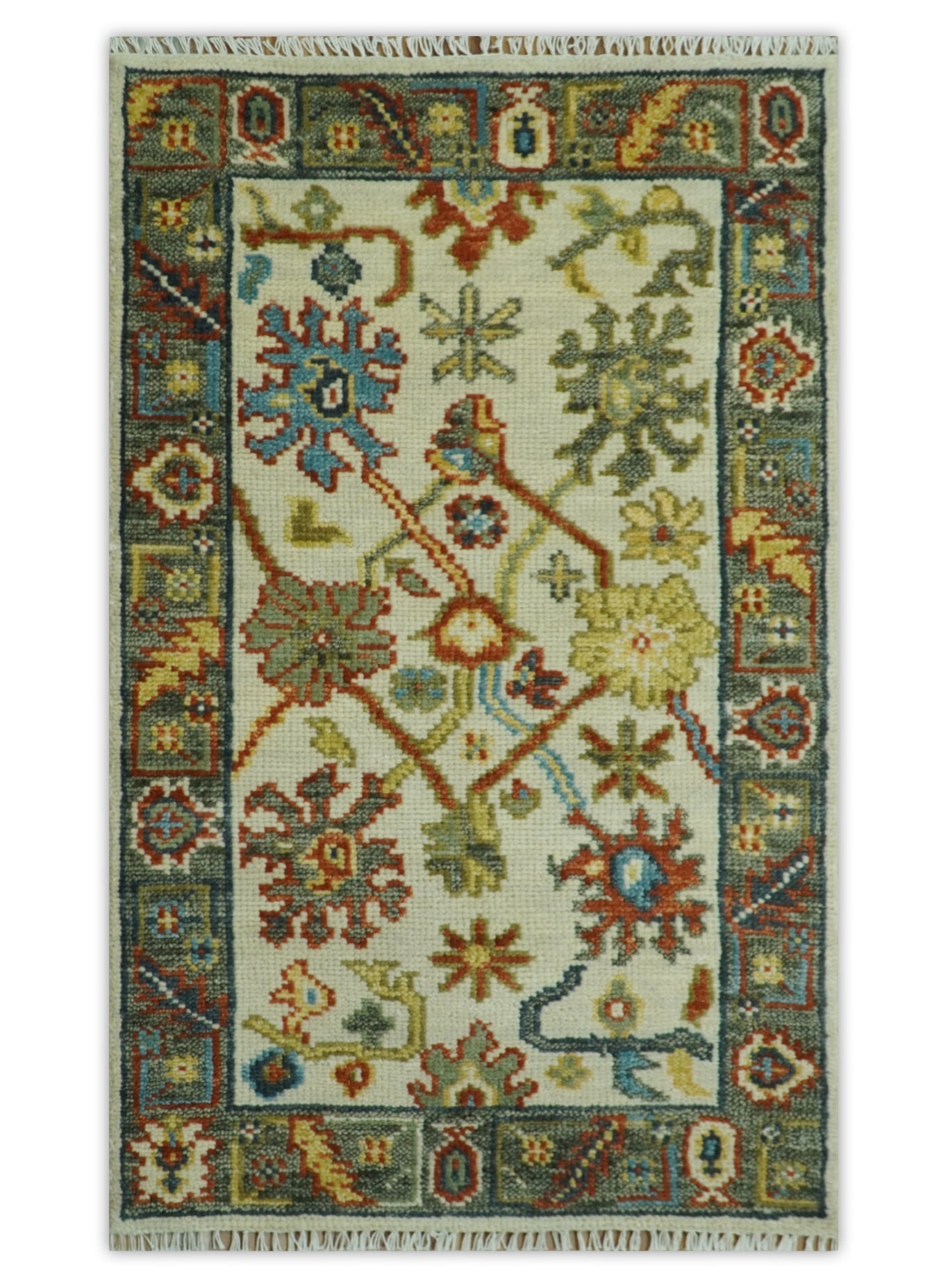 Hand Knotted Ivory, Charcoal and Blue Traditional Oriental Oushak Multi size Wool Area Rug - The Rug Decor
