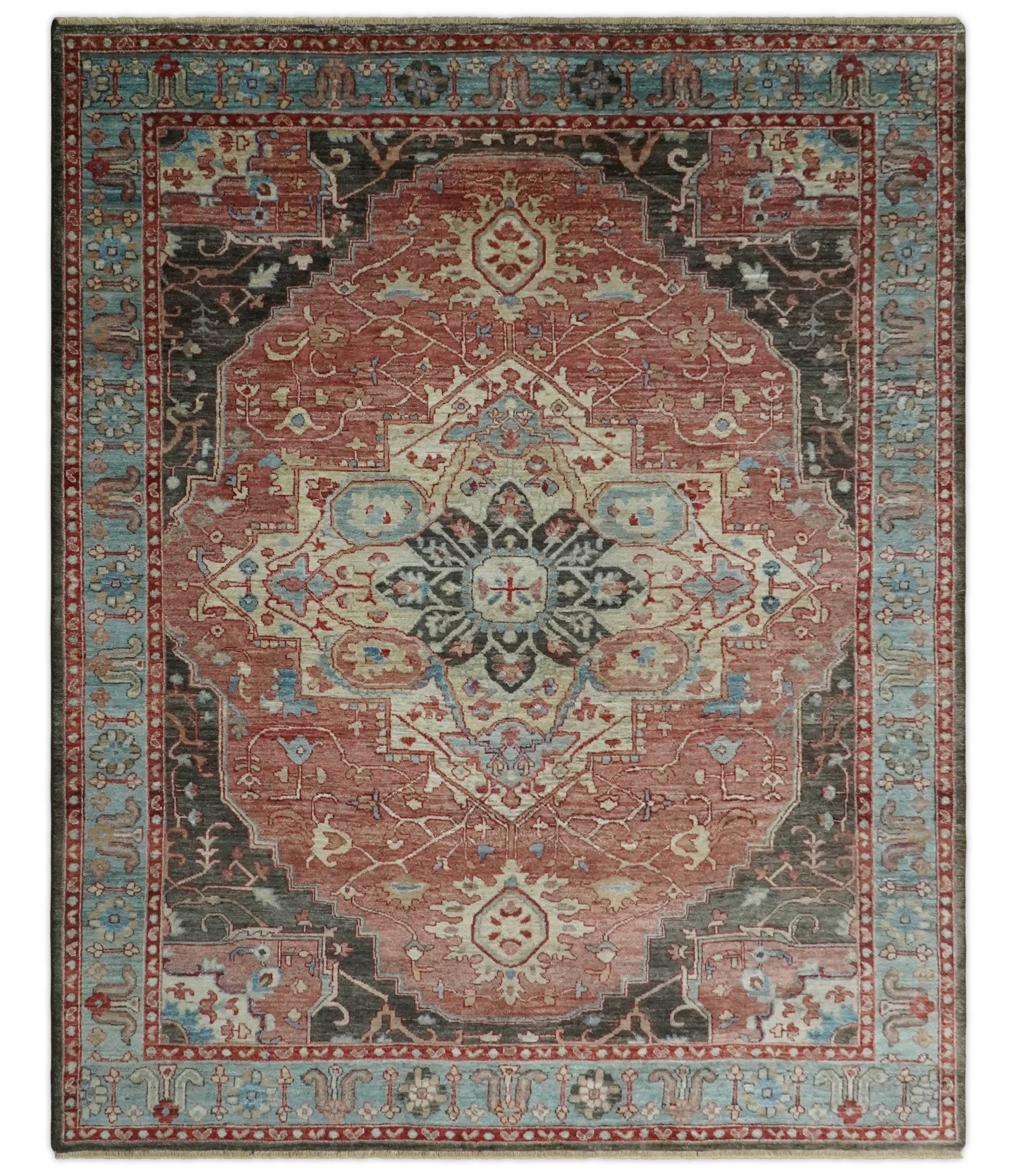 Hand Knotted Ivory, Rust and Blue Antique Persian Heriz Serapi Wool Rug, 5x8, 6x9, 8x10 and 9x12 Living Room Rug | TRD2557 - The Rug Decor