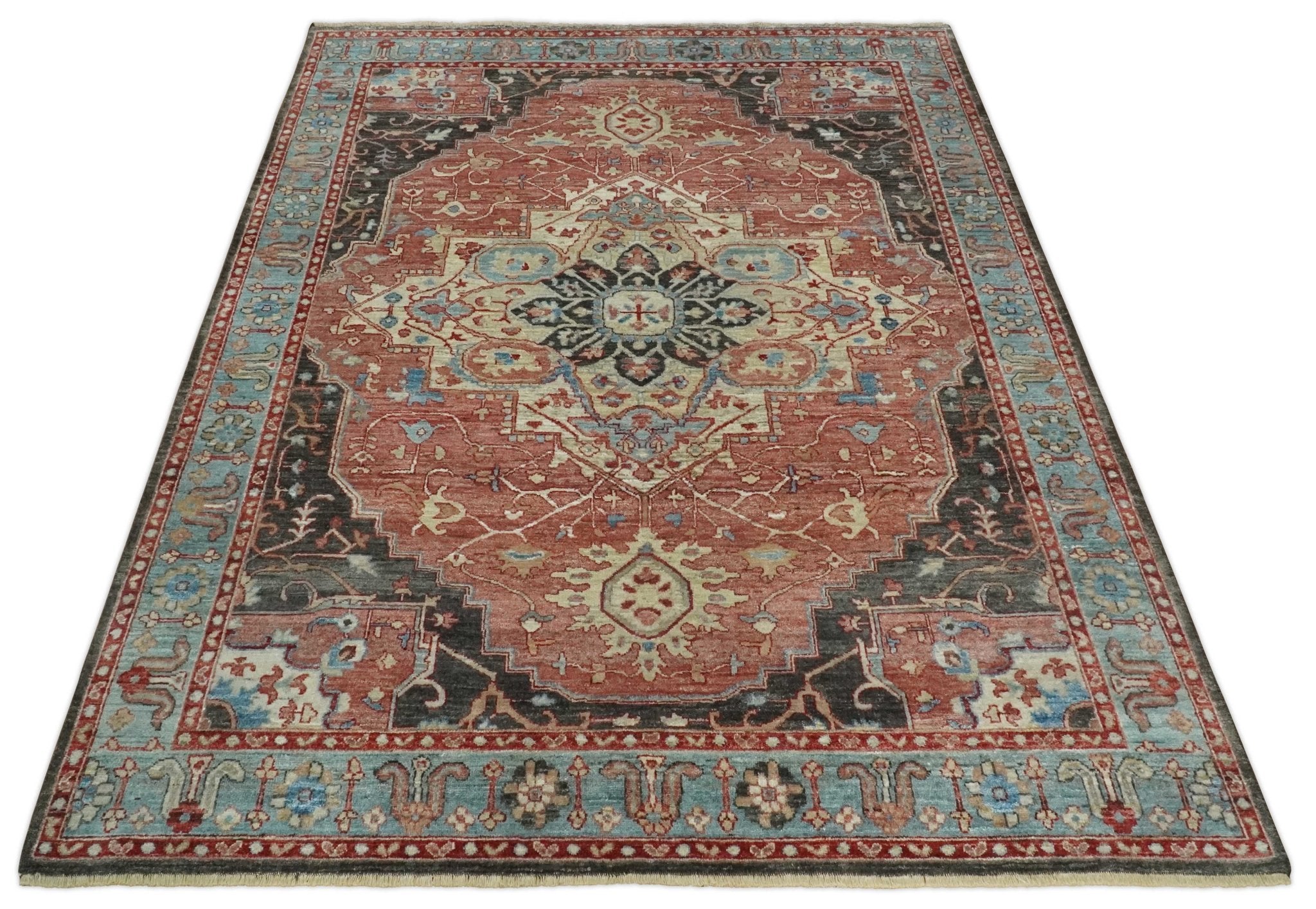 Hand Knotted Ivory, Rust and Blue Antique Persian Heriz Serapi Wool Rug, 5x8, 6x9, 8x10 and 9x12 Living Room Rug | TRD2557 - The Rug Decor