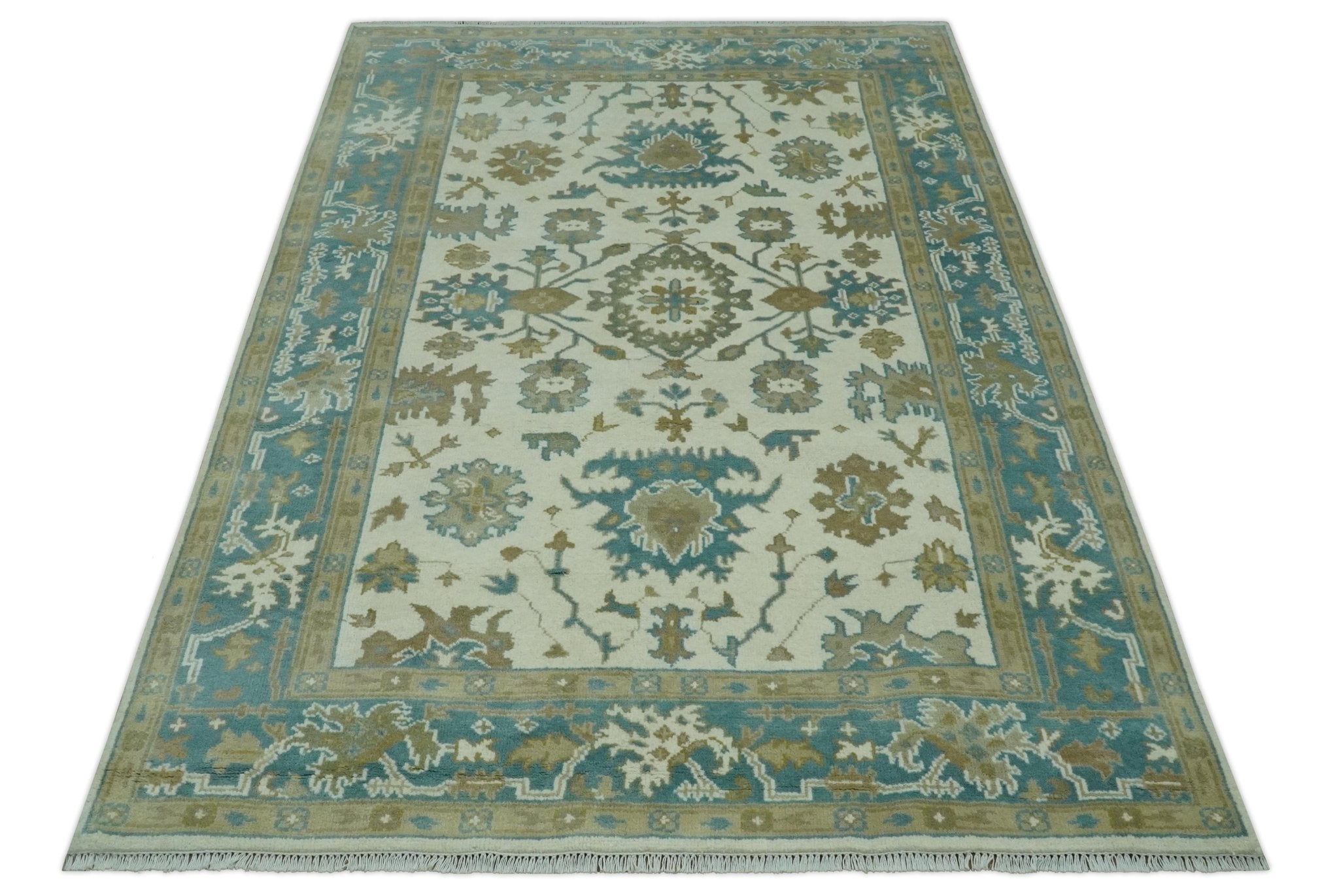 Hand Knotted Ivory, Teal and Beige Traditional Oriental Oushak Multi Size wool rug