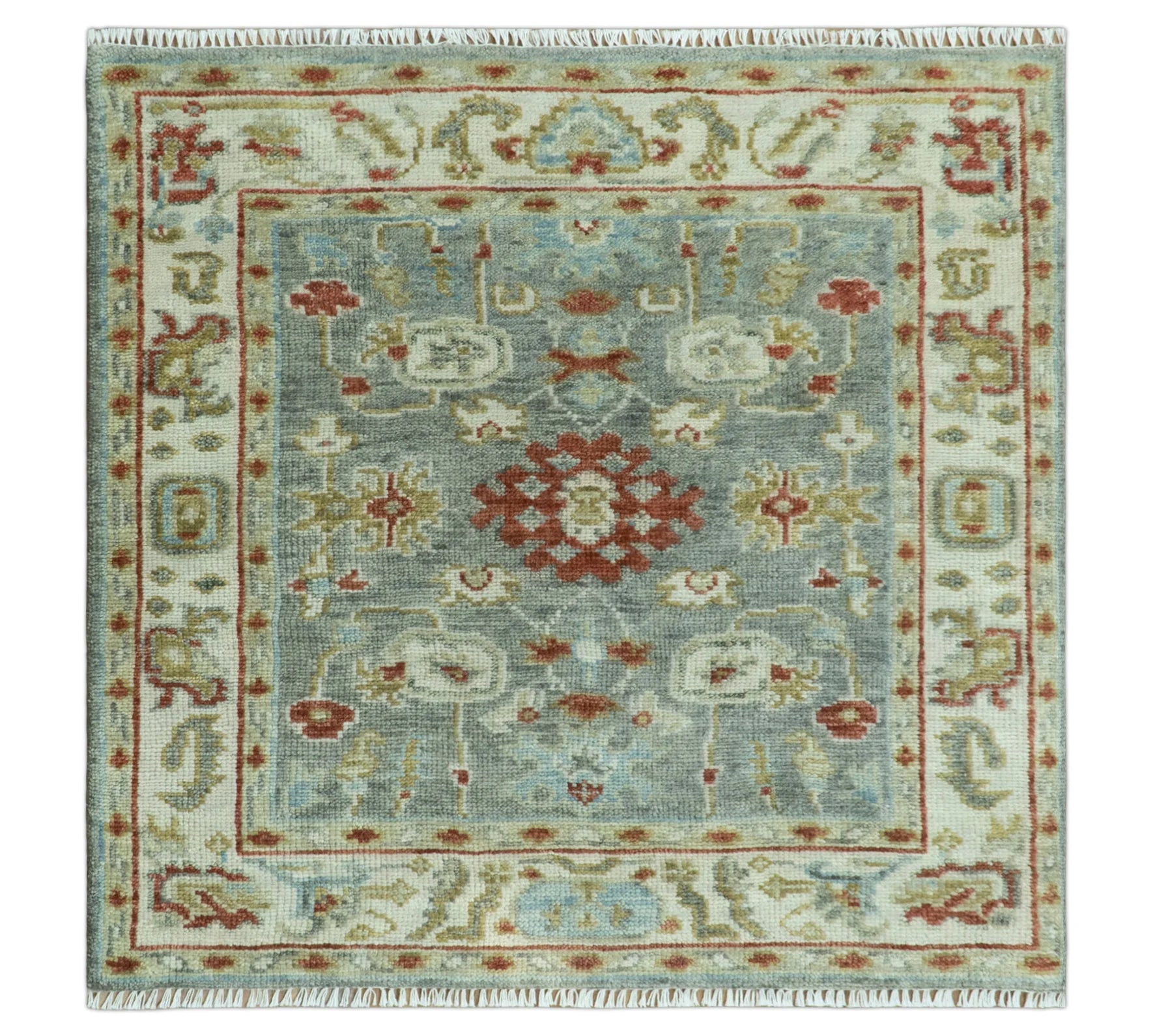 Hand Knotted Living Room Rug Charcoal, Red and Beige Traditional Vintage Style Custom Made Wool Area Rug