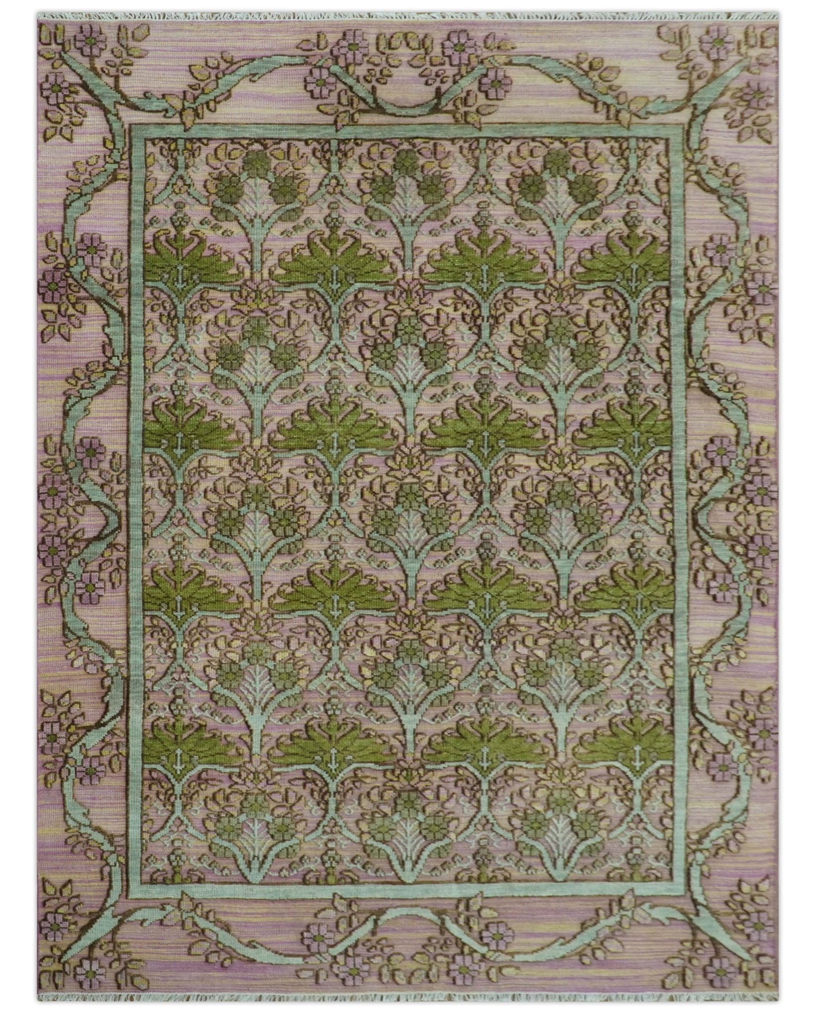 Hand Knotted Pink, Green and Beige Floral Traditional Antique Style Wool Area Rug