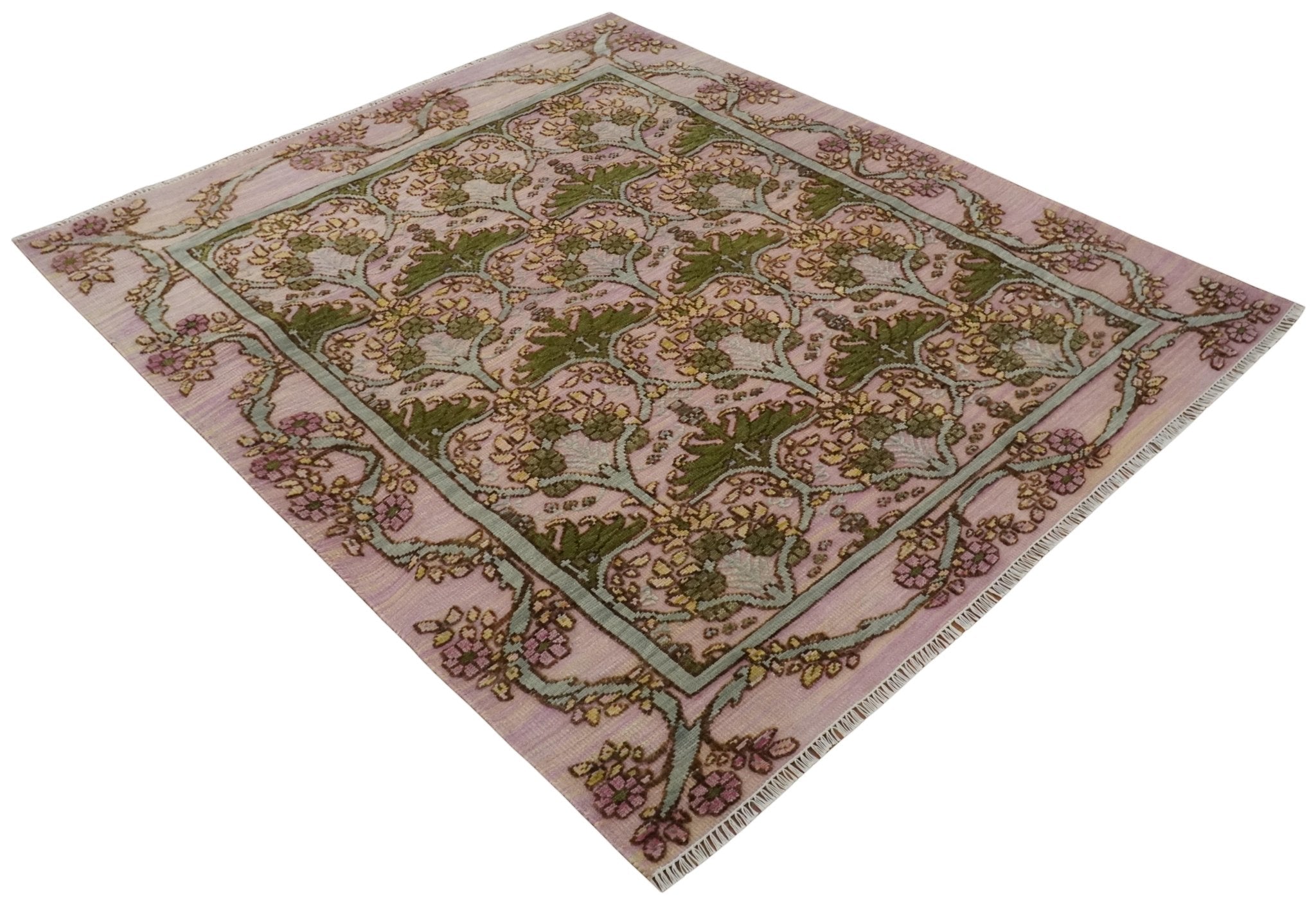 Hand Knotted Pink, Green and Beige Floral Traditional Antique Style Wool Area Rug - The Rug Decor