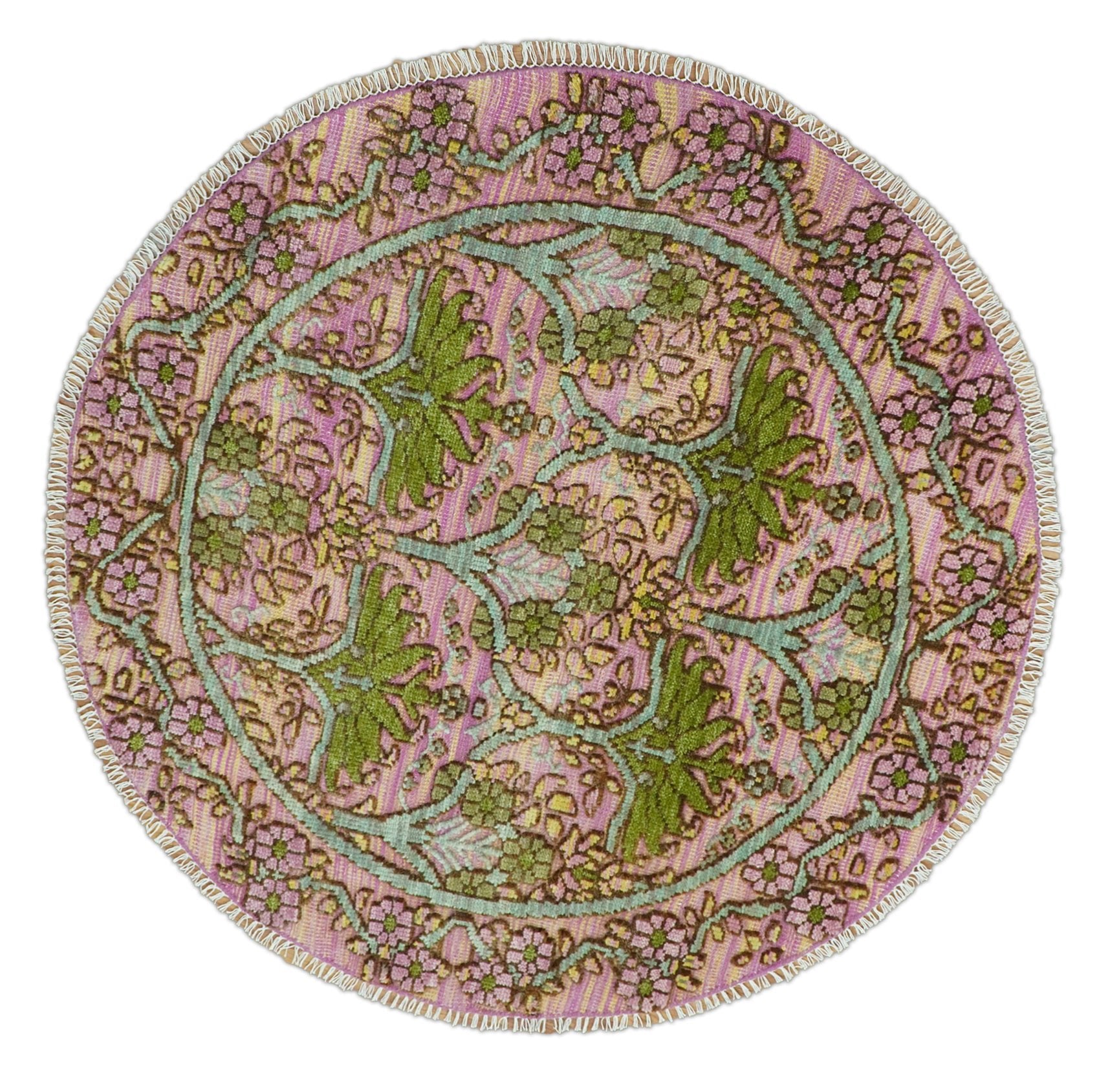 Hand Knotted Pink, Green and Beige Floral Traditional Antique Style Wool Area Rug
