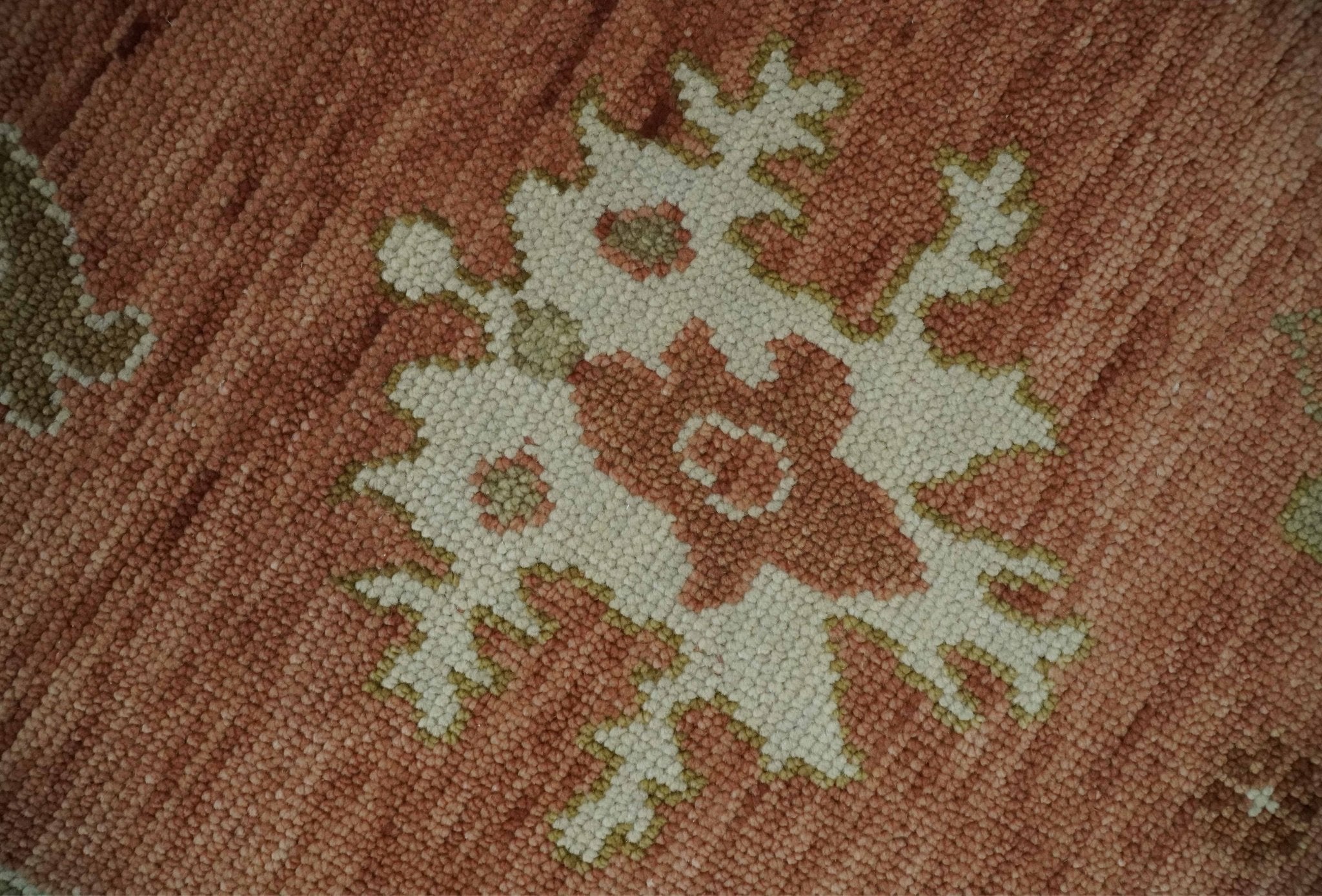 Hand Knotted Pink, Olive and Ivory Traditional Oushak Vintage Style Wool Rug - The Rug Decor