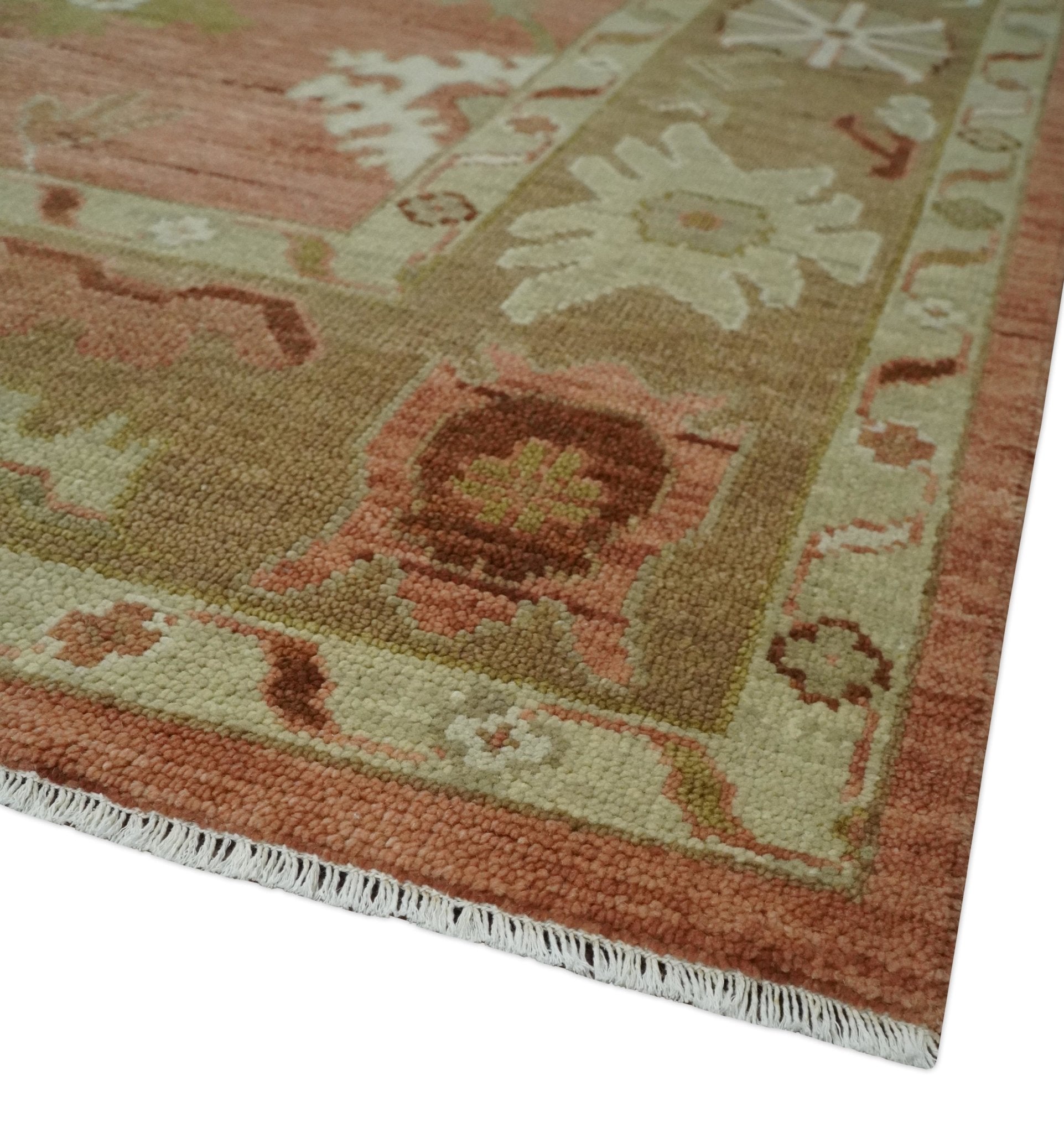 Hand Knotted Pink, Olive and Ivory Traditional Oushak Vintage Style Wool Rug - The Rug Decor