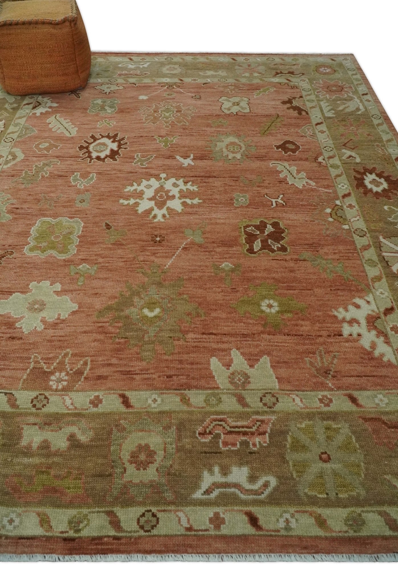 Hand Knotted Pink, Olive and Ivory Traditional Oushak Vintage Style Wool Rug - The Rug Decor