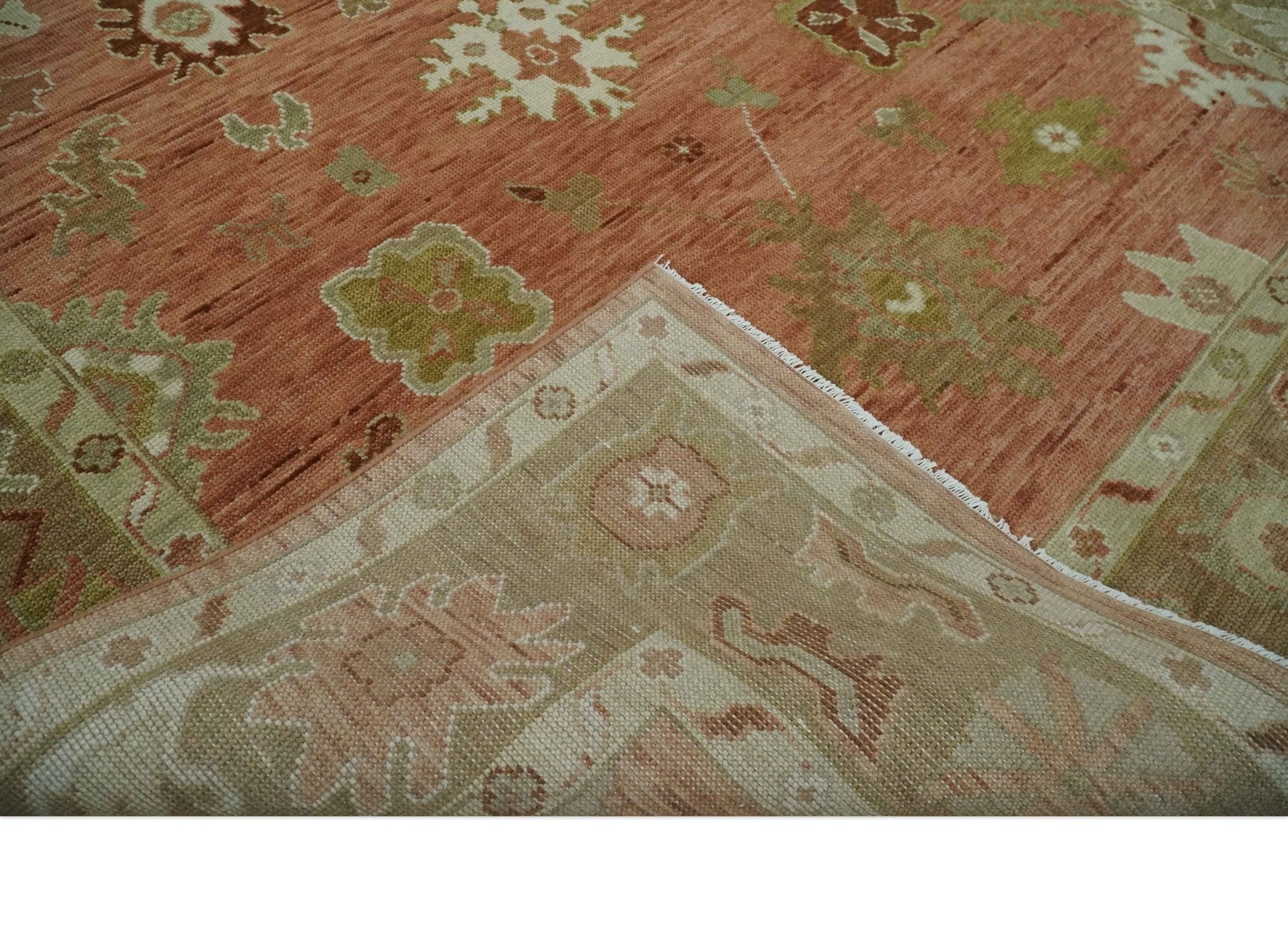 Hand Knotted Pink, Olive and Ivory Traditional Oushak Vintage Style Wool Rug - The Rug Decor