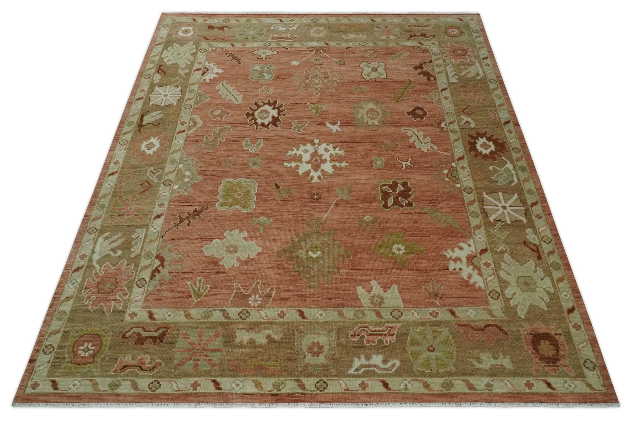 Hand Knotted Pink, Olive and Ivory Traditional Oushak Vintage Style Wool Rug - The Rug Decor