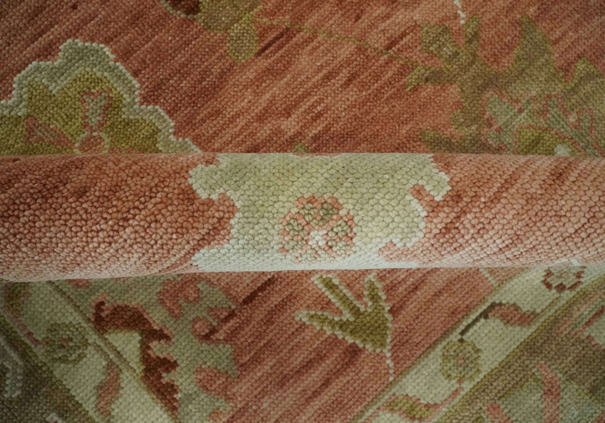 Hand Knotted Pink, Olive and Ivory Traditional Oushak Vintage Style Wool Rug - The Rug Decor