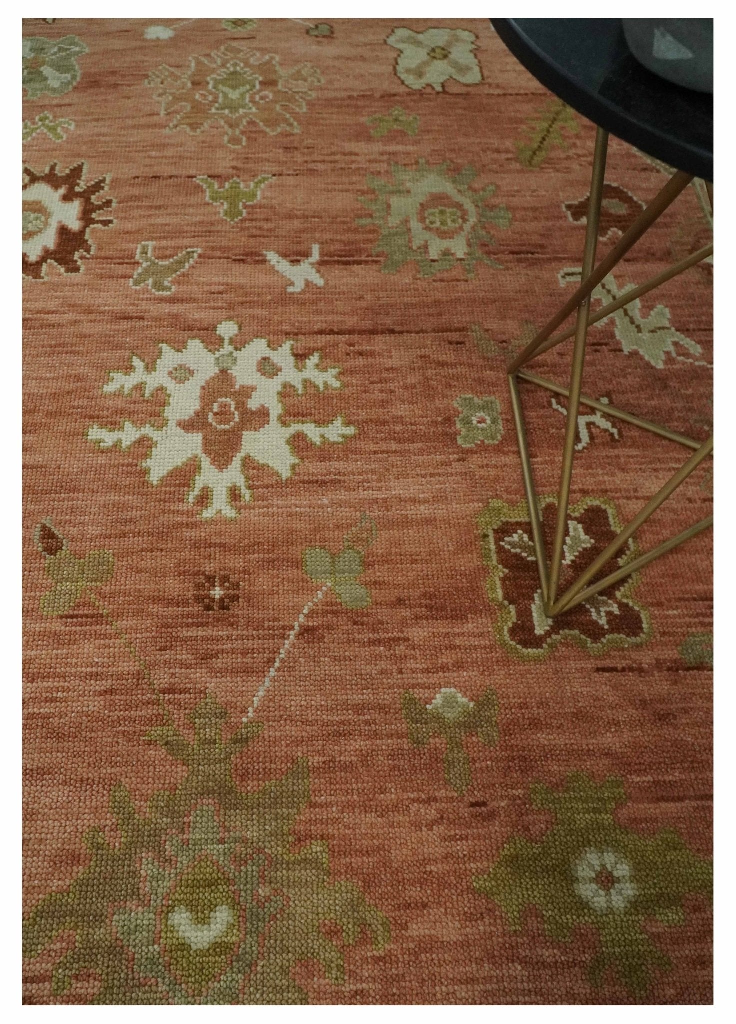 Hand Knotted Pink, Olive and Ivory Traditional Oushak Vintage Style Wool Rug - The Rug Decor