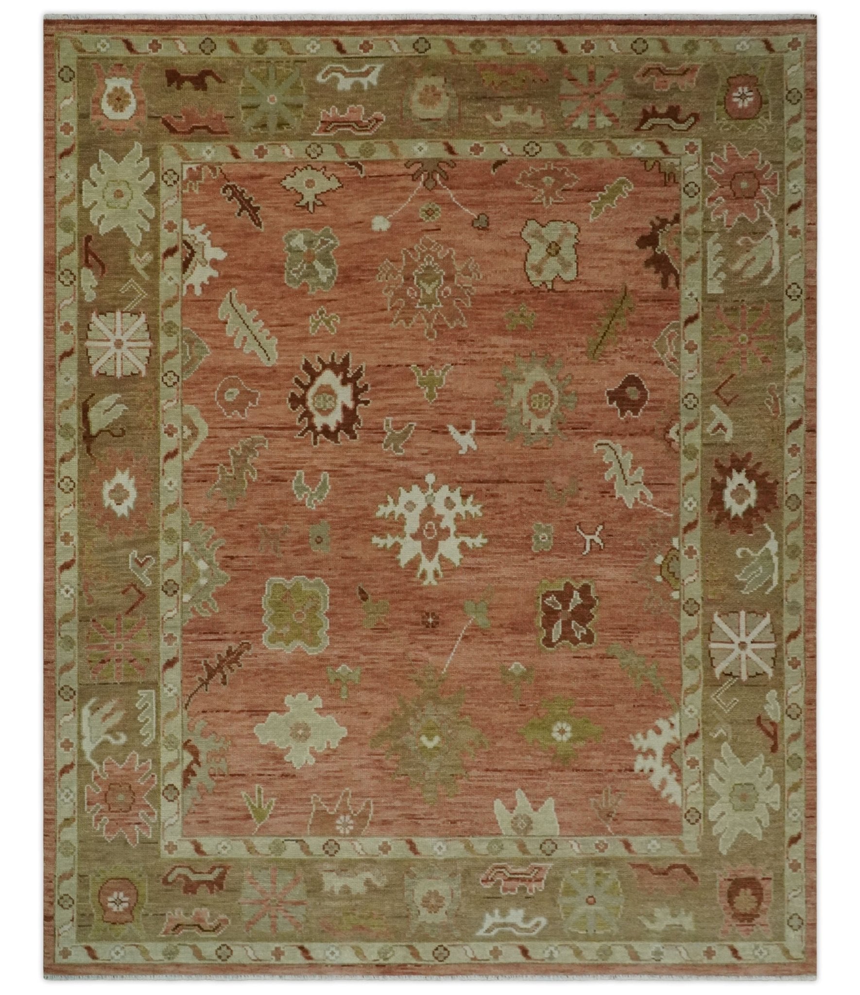 Hand Knotted Pink, Olive and Ivory Traditional Oushak Vintage Style Wool Rug - The Rug Decor