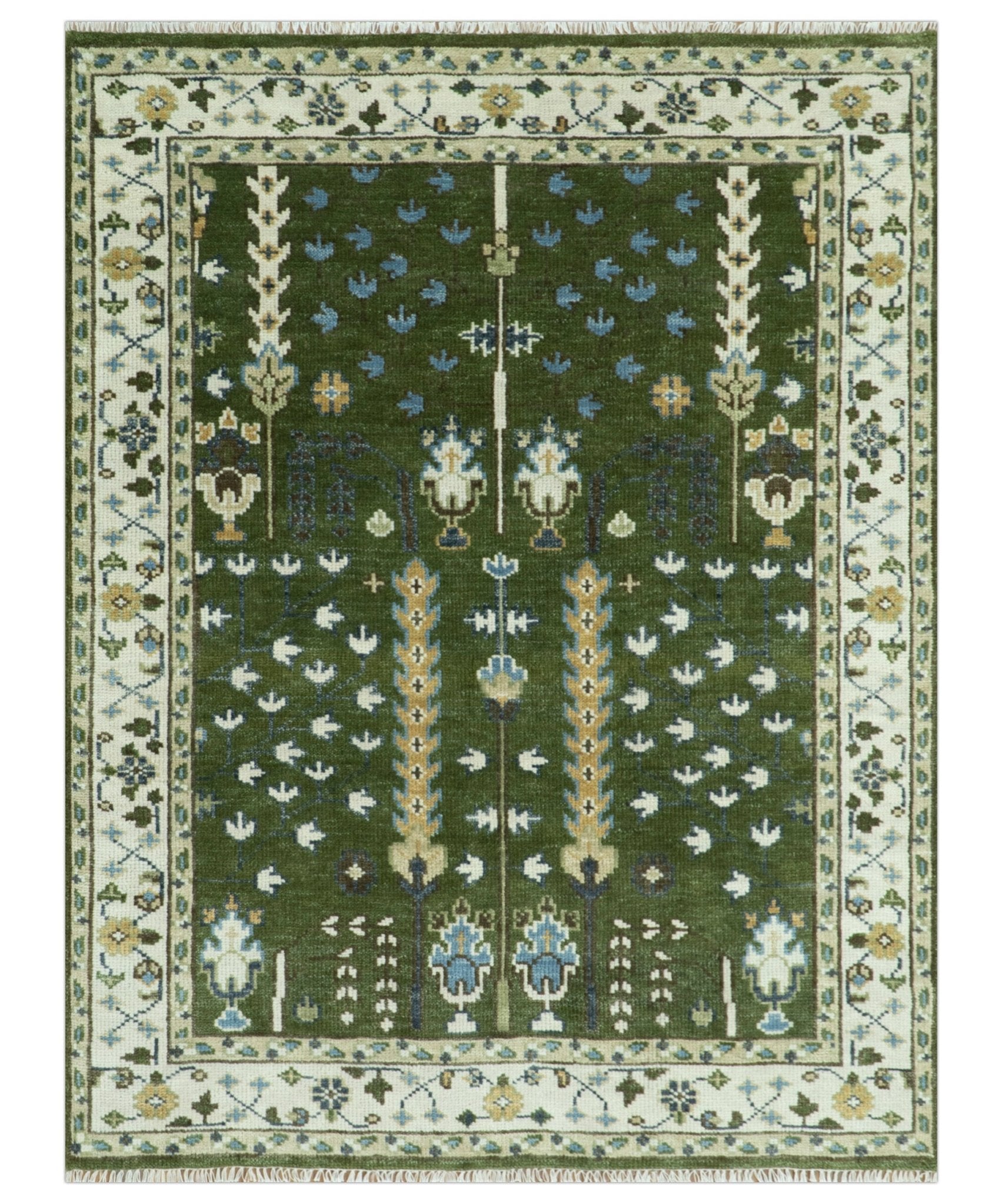 Hand Knotted Royal Green and Ivory Traditional Turkish Style Tree Of Life Multi Size Wool Area Rug
