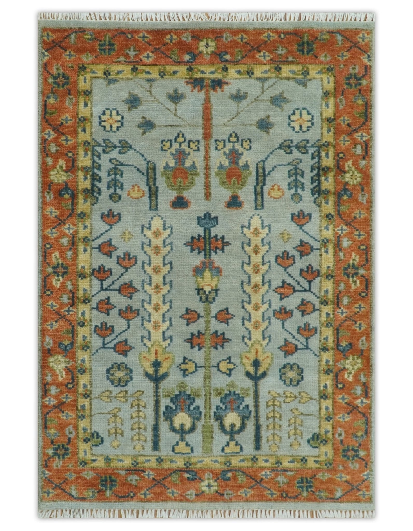 Hand Knotted Rust and Blue Traditional Turkish Vintage Multi Size Wool Rug - The Rug Decor