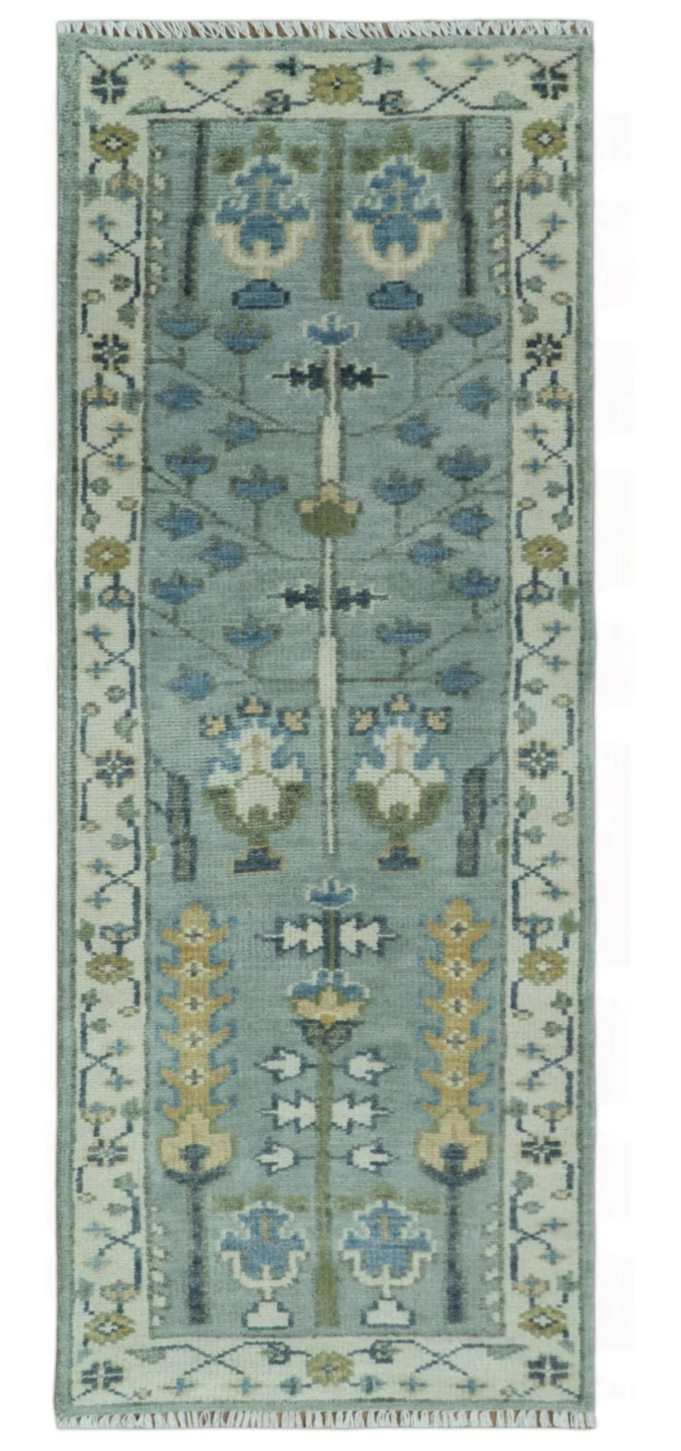 Hand Knotted Traditional Blue and Ivory Antique Oushak Custom Made Wool Area Rug