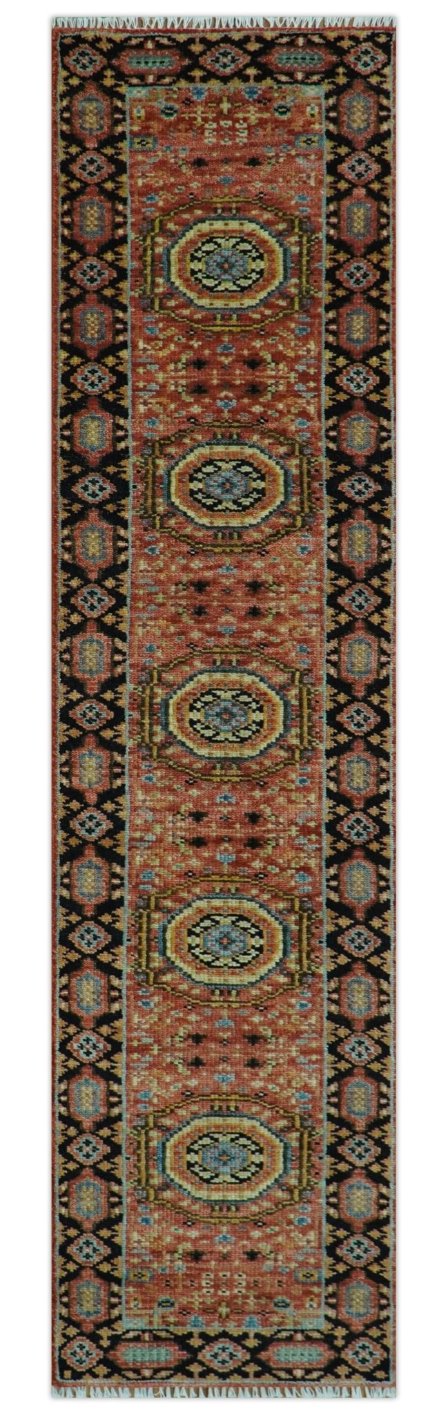 Hand Knotted Traditional Kazak Medallion Rust and Black Multi Size wool Area Rug - The Rug Decor