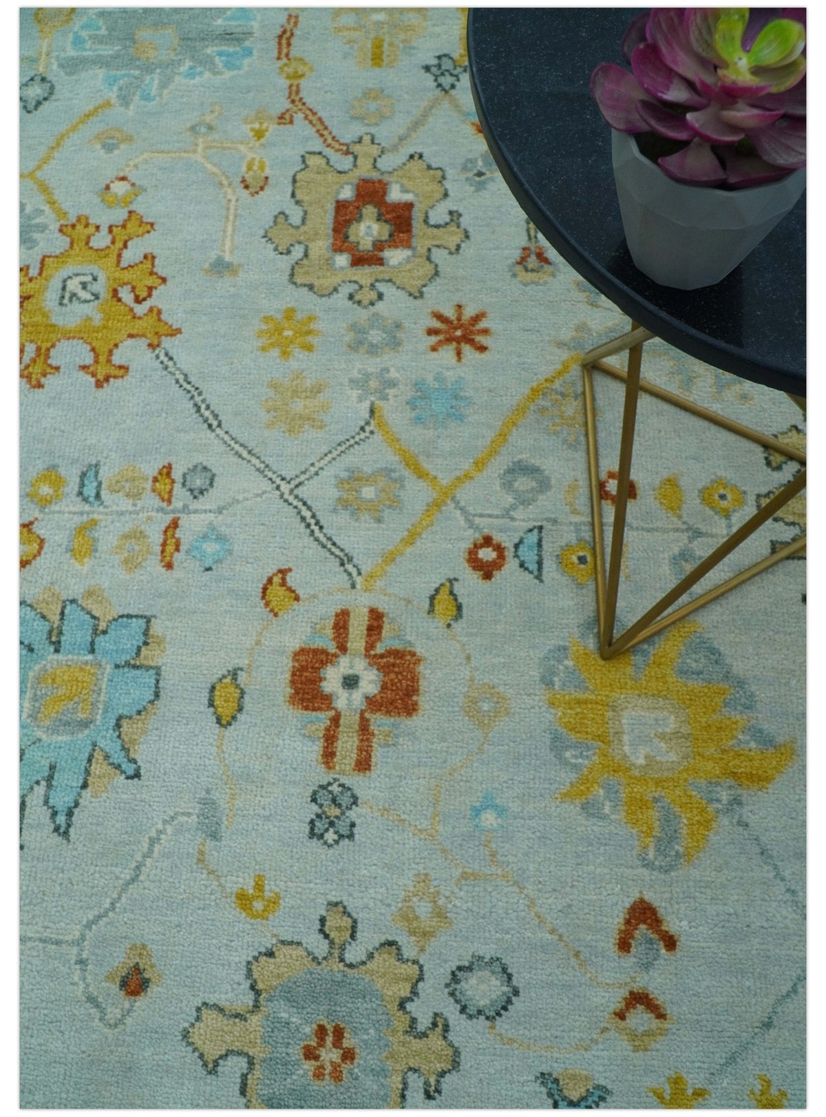 Hand Knotted Traditional Oushak Blue And Mustard Wool Rug