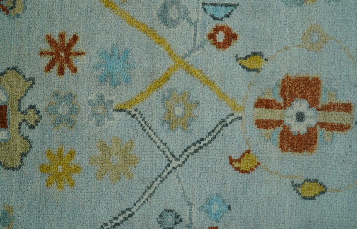 Hand Knotted Traditional Oushak Blue And Mustard Wool Rug