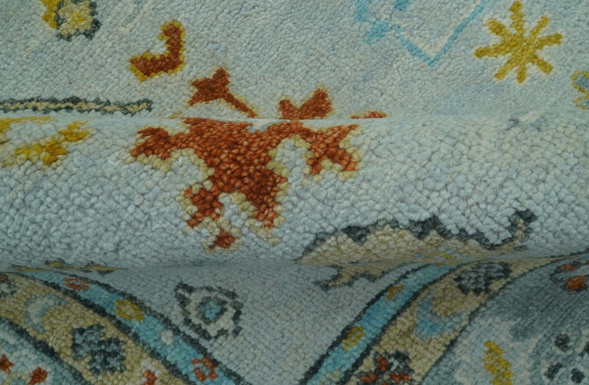 Hand Knotted Traditional Oushak Blue And Mustard Wool Rug