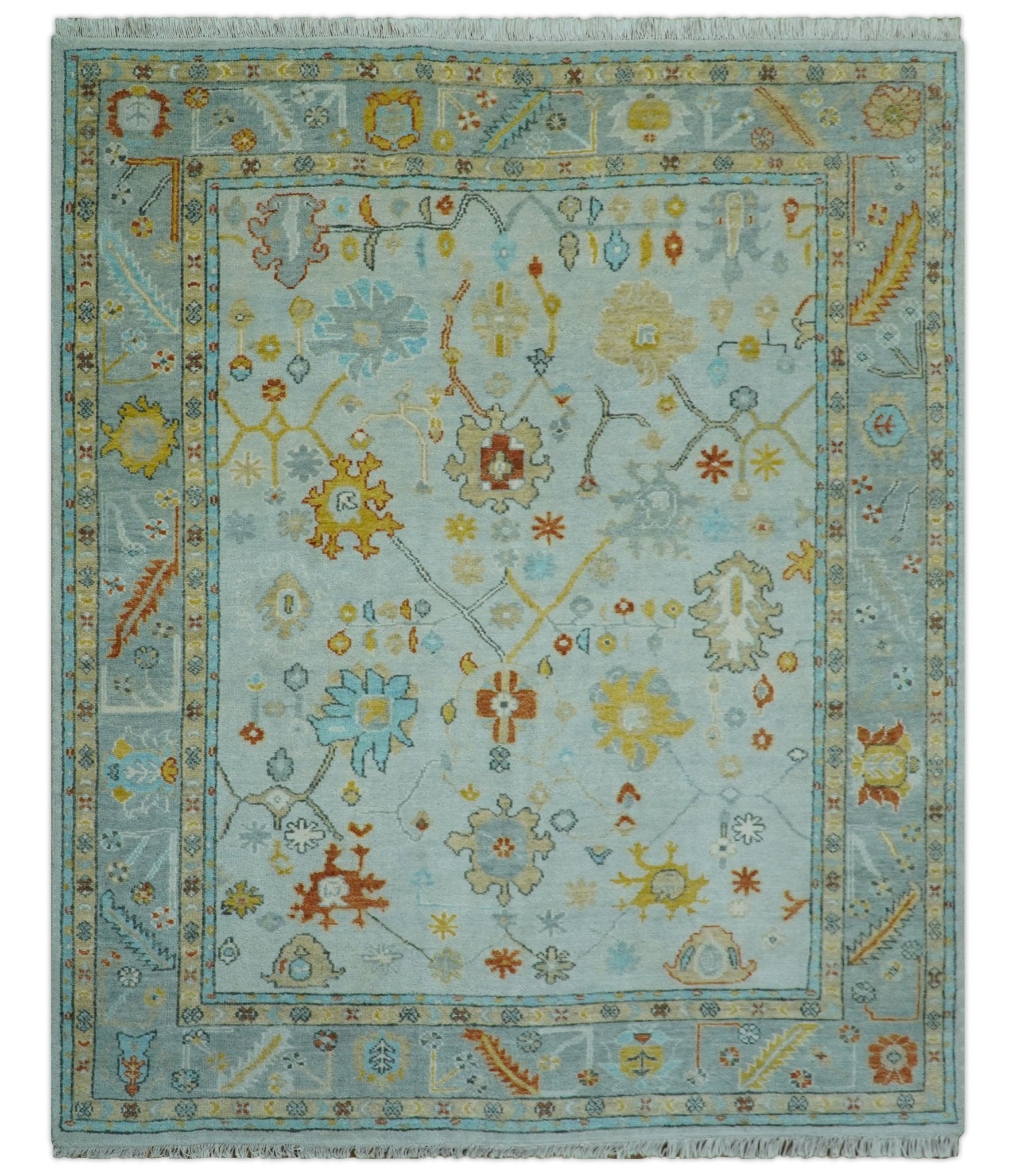 Hand Knotted Traditional Oushak Blue And Mustard Wool Rug