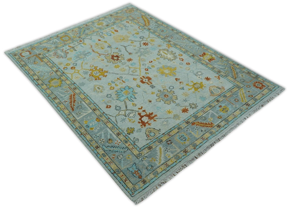 Hand Knotted Traditional Oushak Blue And Mustard Wool Rug