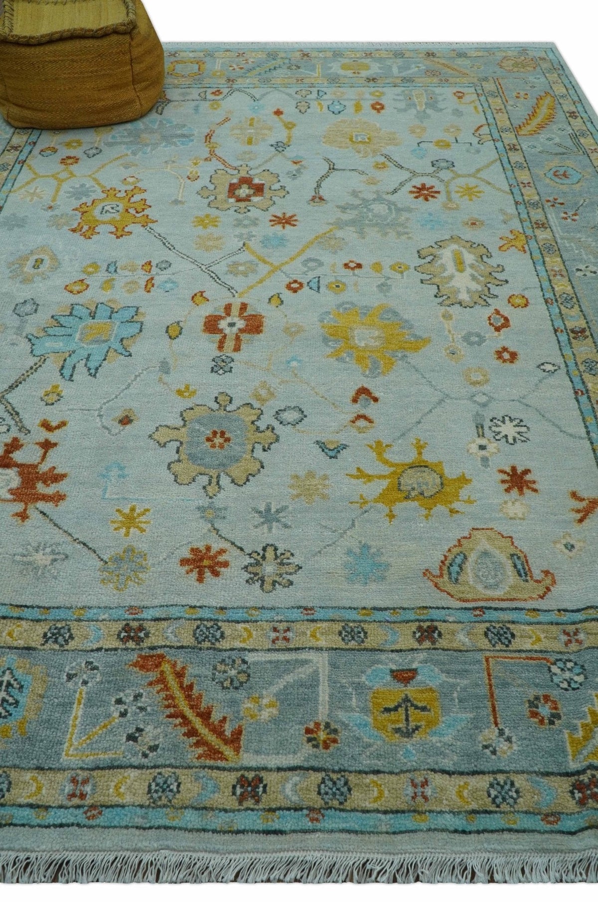 Hand Knotted Traditional Oushak Blue And Mustard Wool Rug