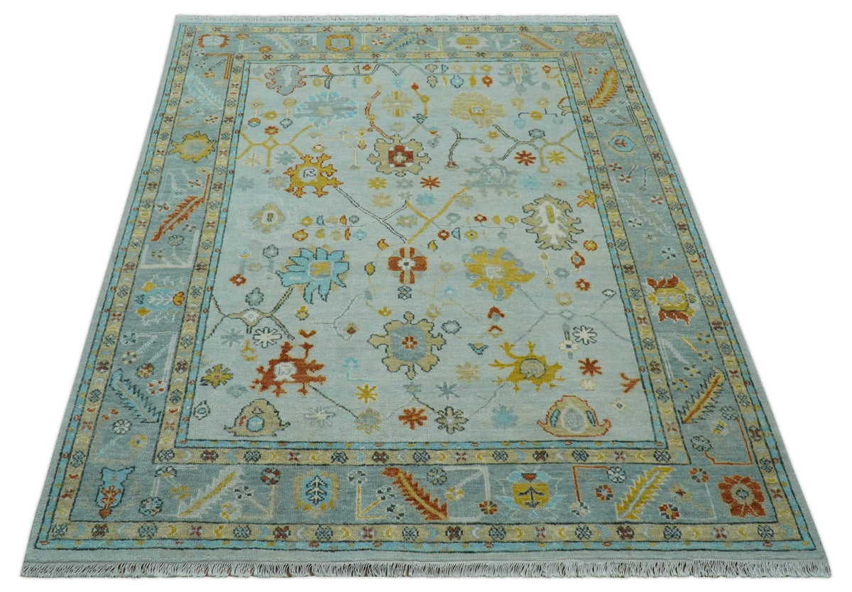Hand Knotted Traditional Oushak Blue And Mustard Wool Rug
