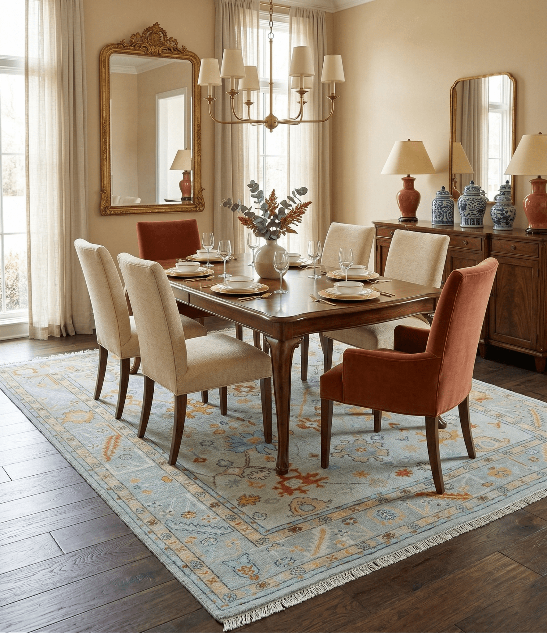 Hand Knotted Traditional Oushak Blue And Mustard Wool Rug