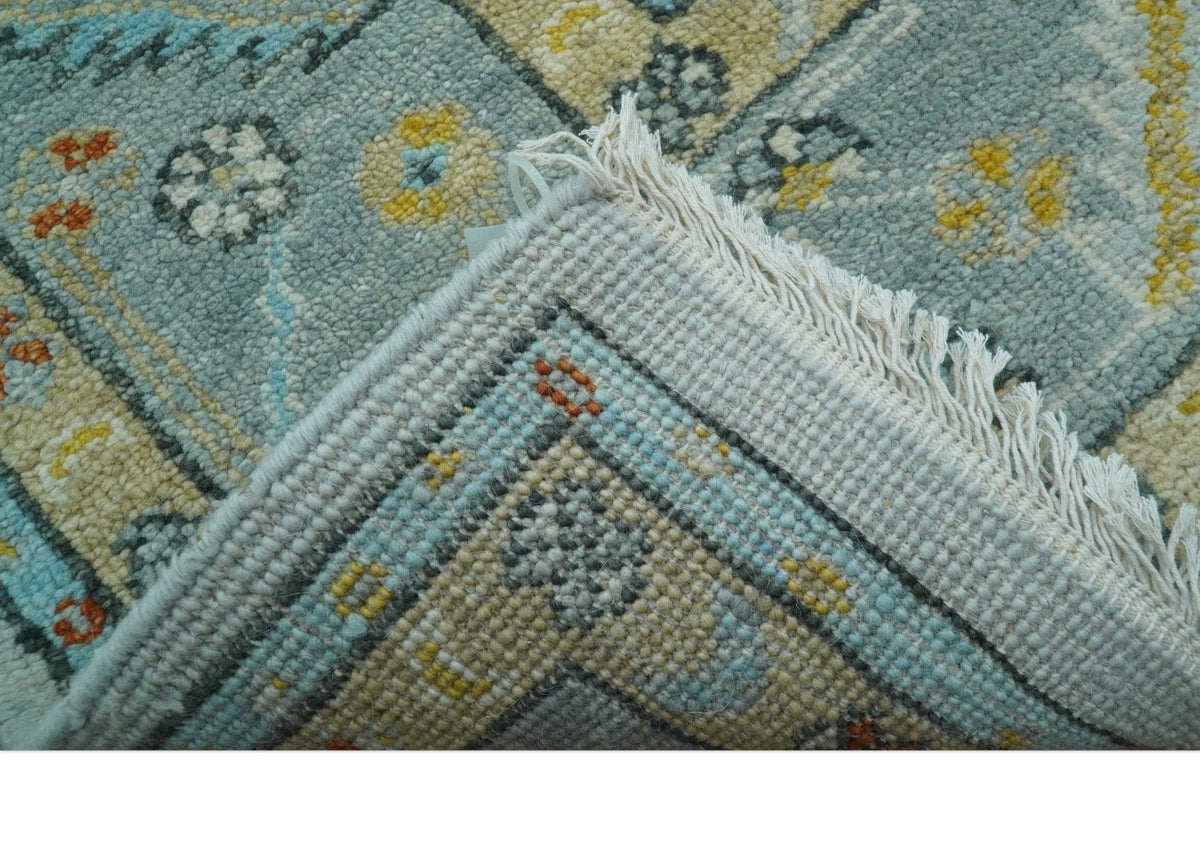 Hand Knotted Traditional Oushak Blue And Mustard Wool Rug