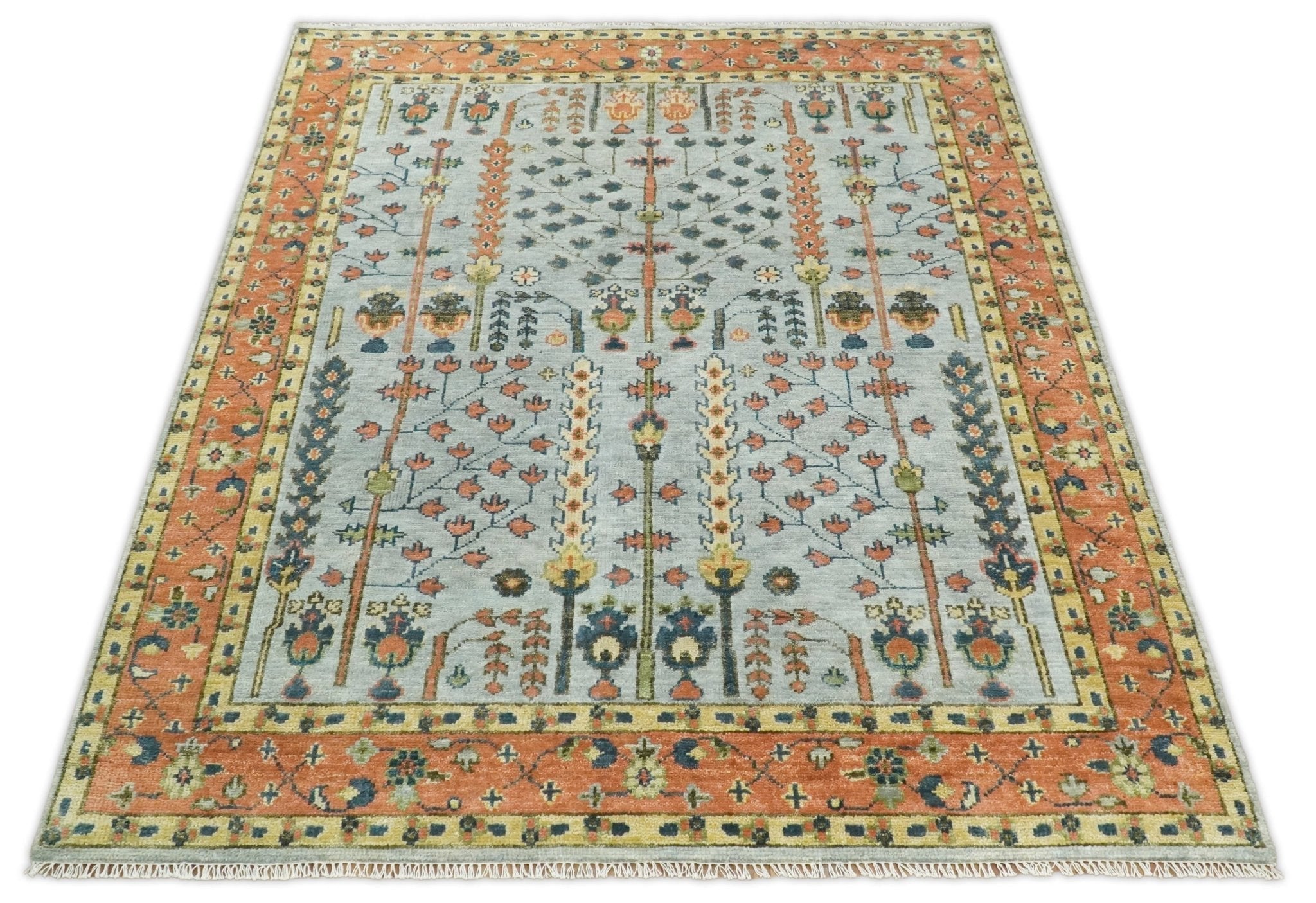 Hand Knotted Tree of Life Rust and Blue Traditional Turkish Design Wool Rug