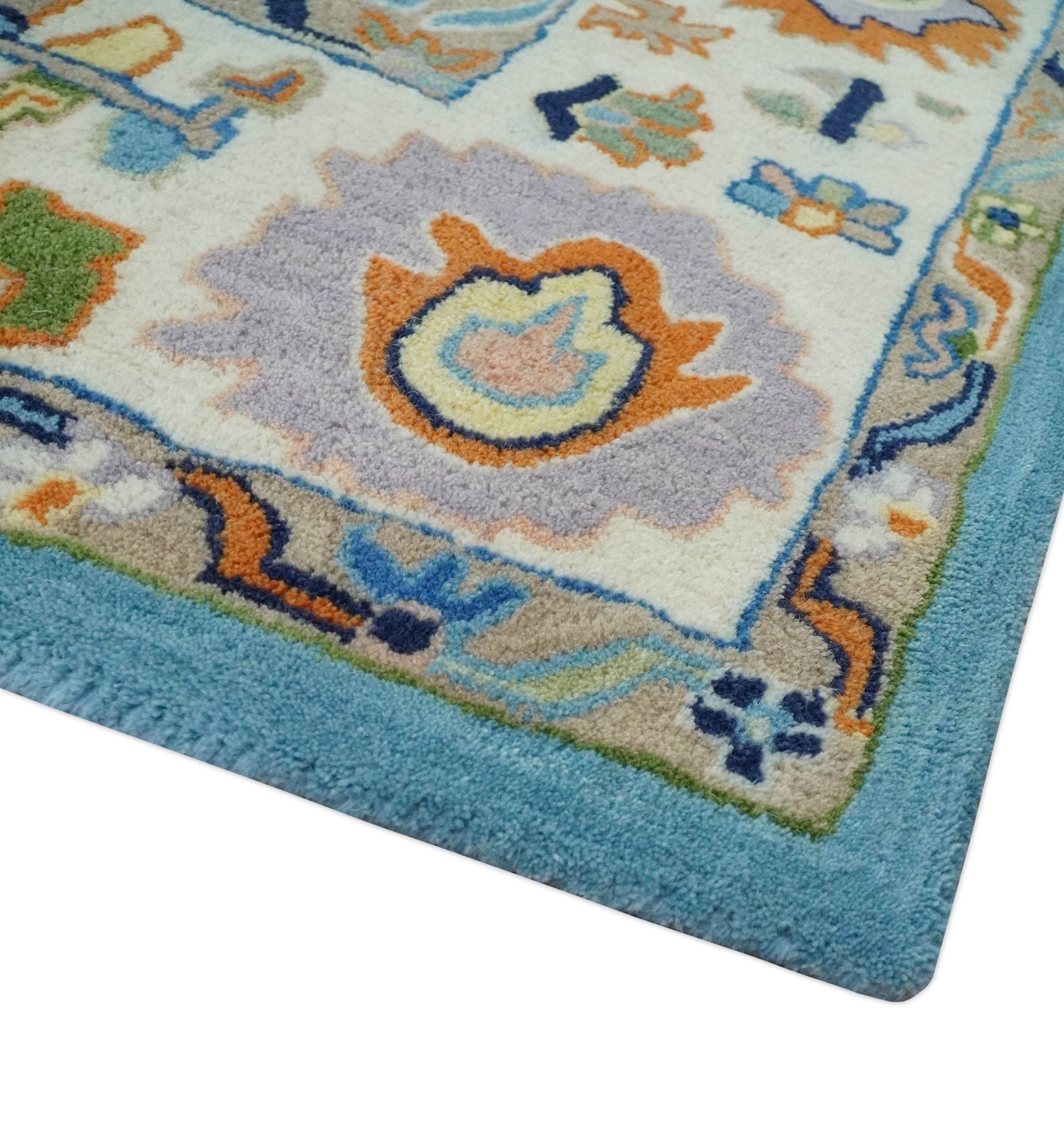 Hand Tufted Blue and Ivory Multi Size Modern Colorful Oushak Rug